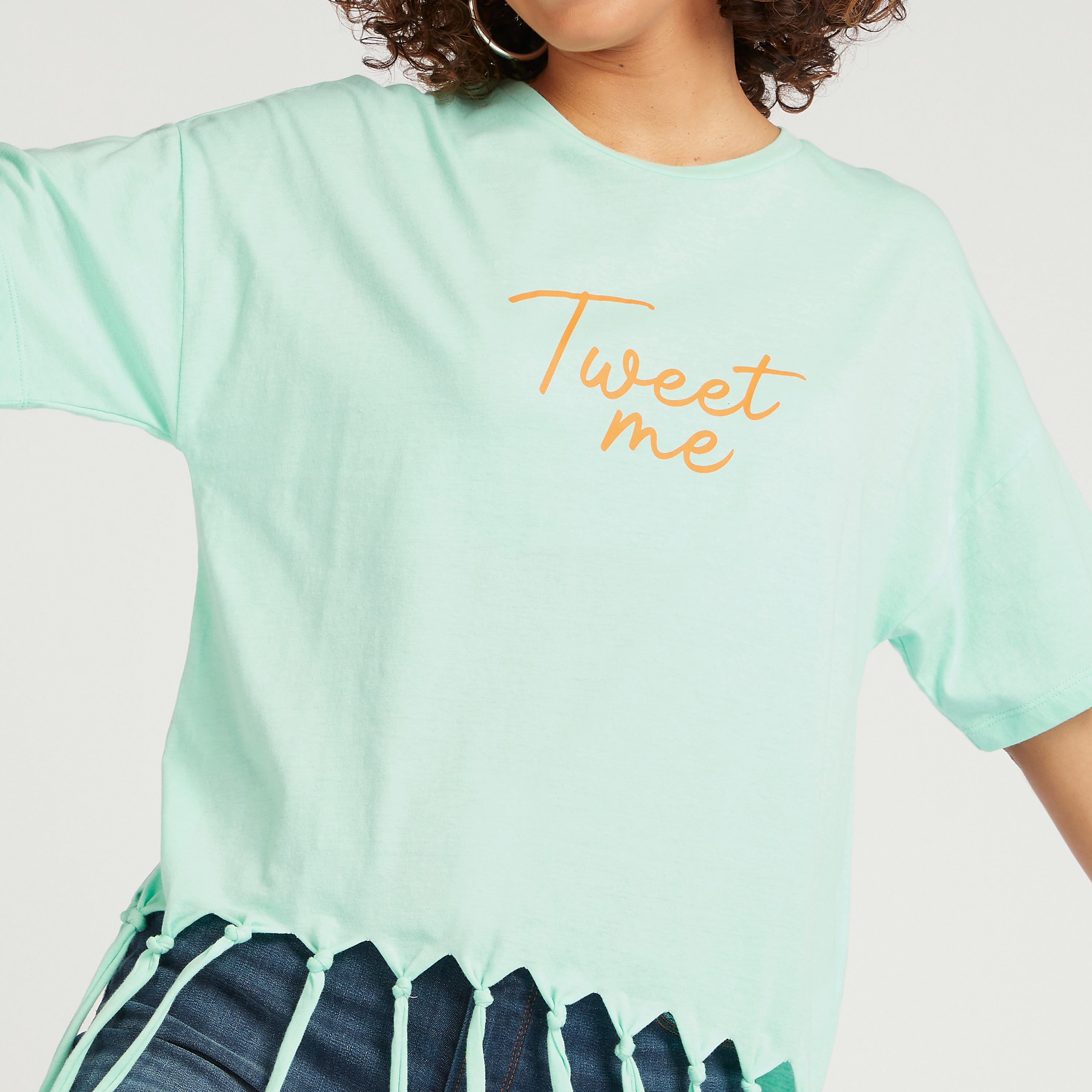 Printed Crew Neck T-shirt with Short Sleeves and Fringes-women-clothing-tshirts-image-3