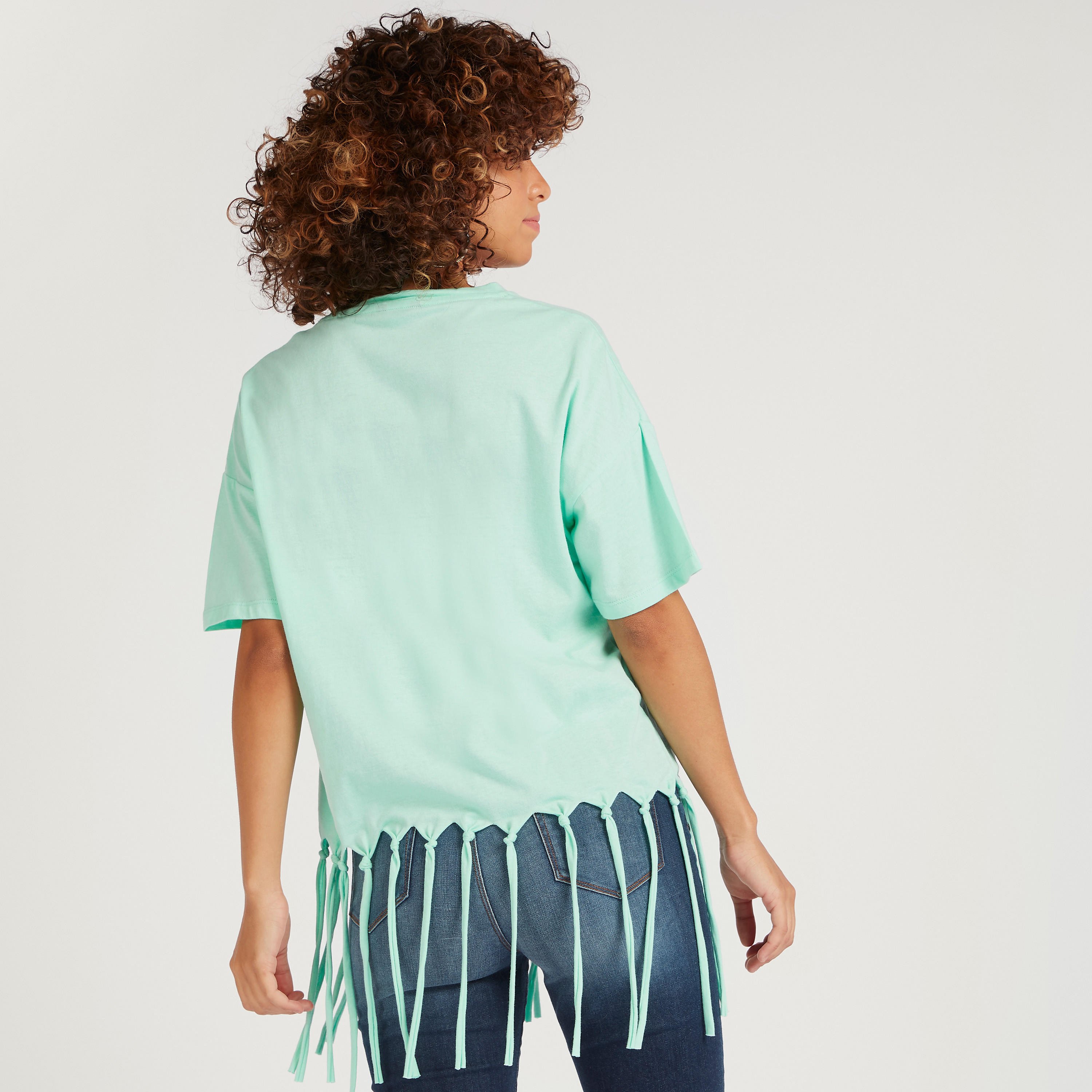 Printed Crew Neck T-shirt with Short Sleeves and Fringes-women-clothing-tshirts-image-4