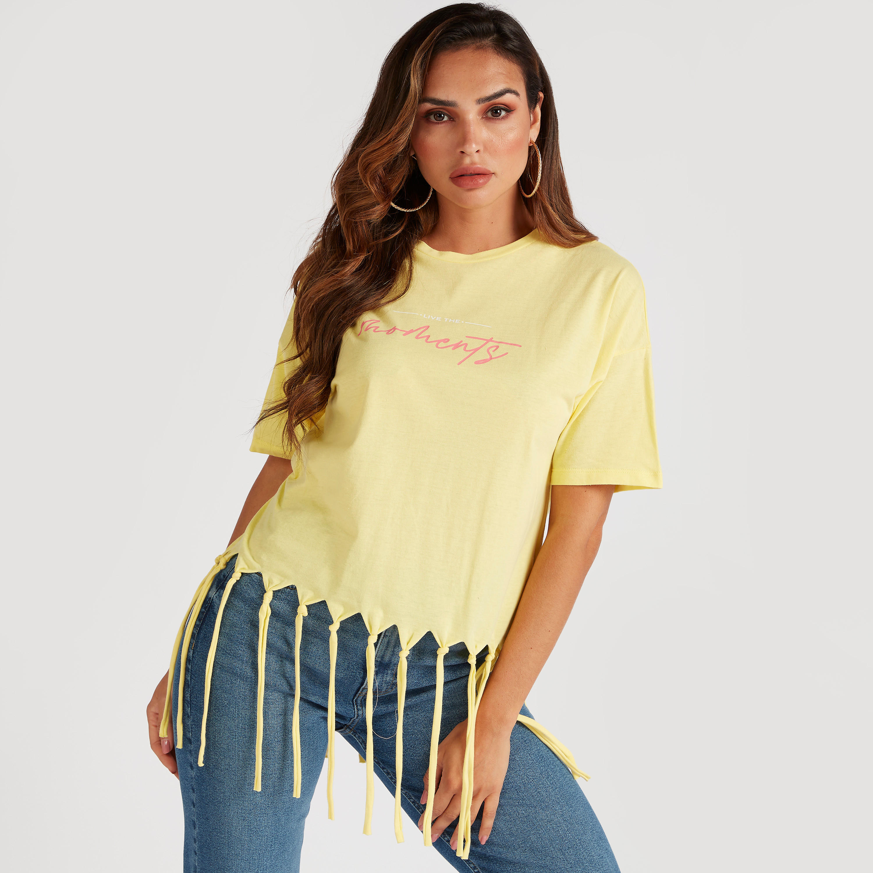 Printed Crew Neck T-shirt with Short Sleeves and Fringes-women-clothing-tshirts-image-1