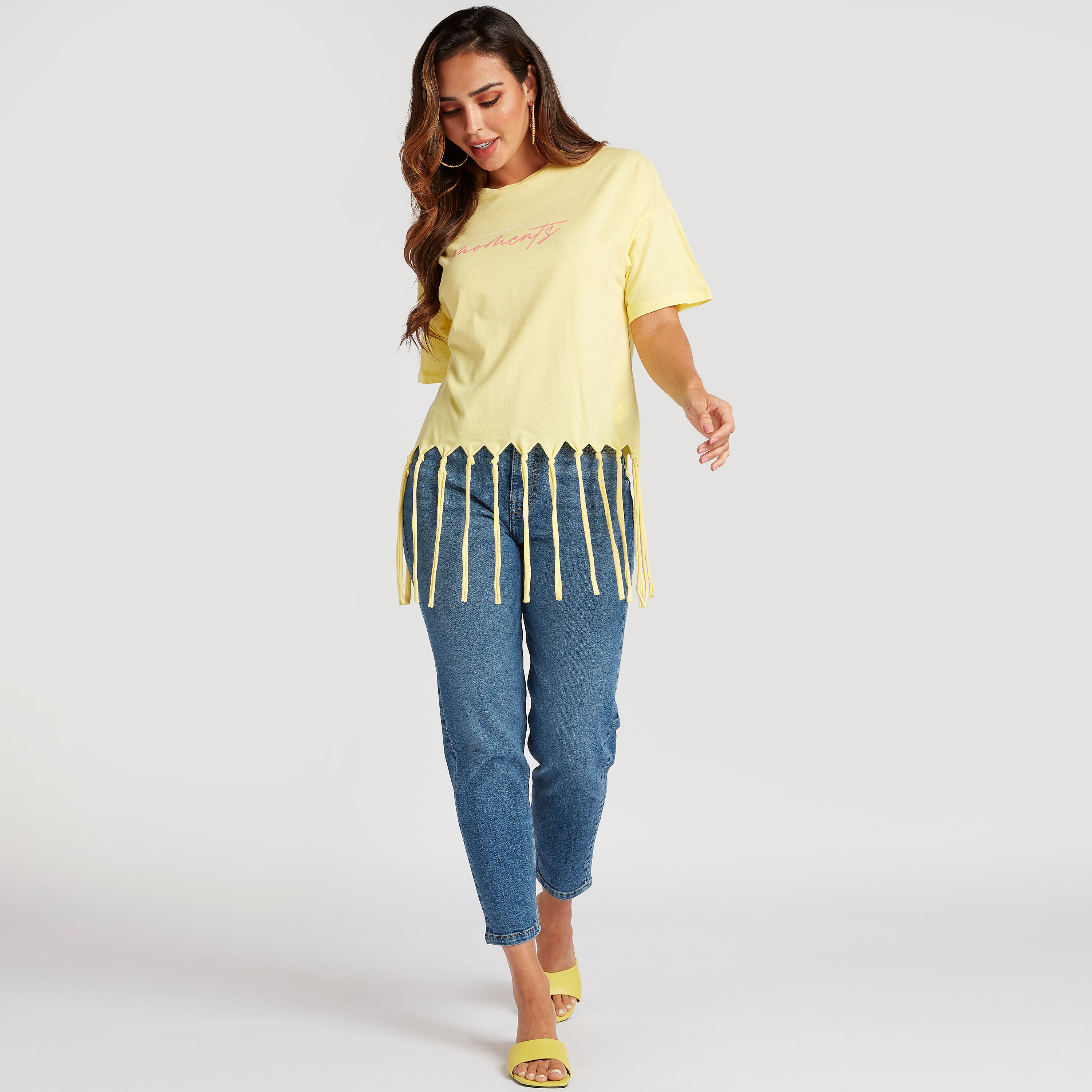 Printed Crew Neck T-shirt with Short Sleeves and Fringes-women-clothing-tshirts-image-2