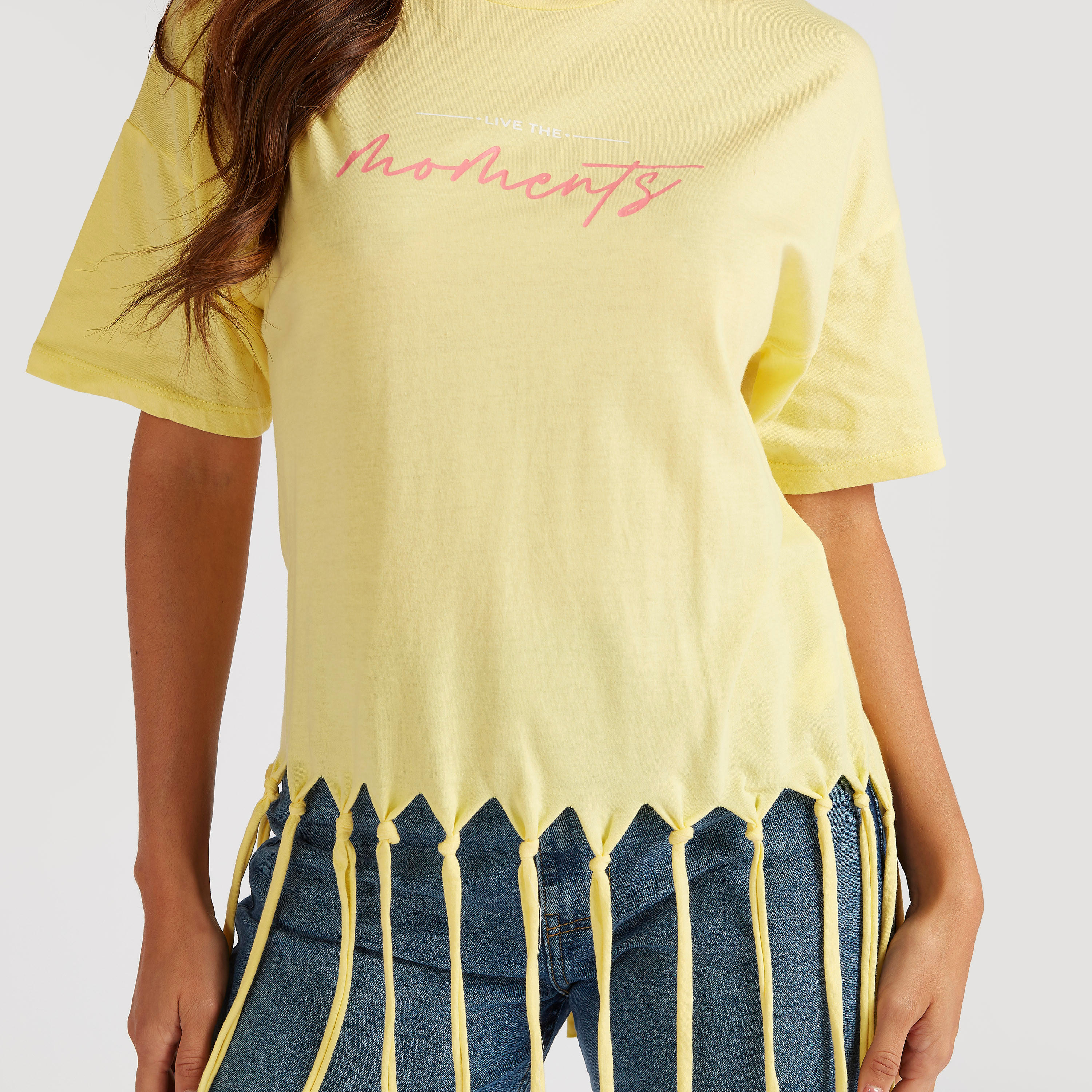 Printed Crew Neck T-shirt with Short Sleeves and Fringes-women-clothing-tshirts-image-3