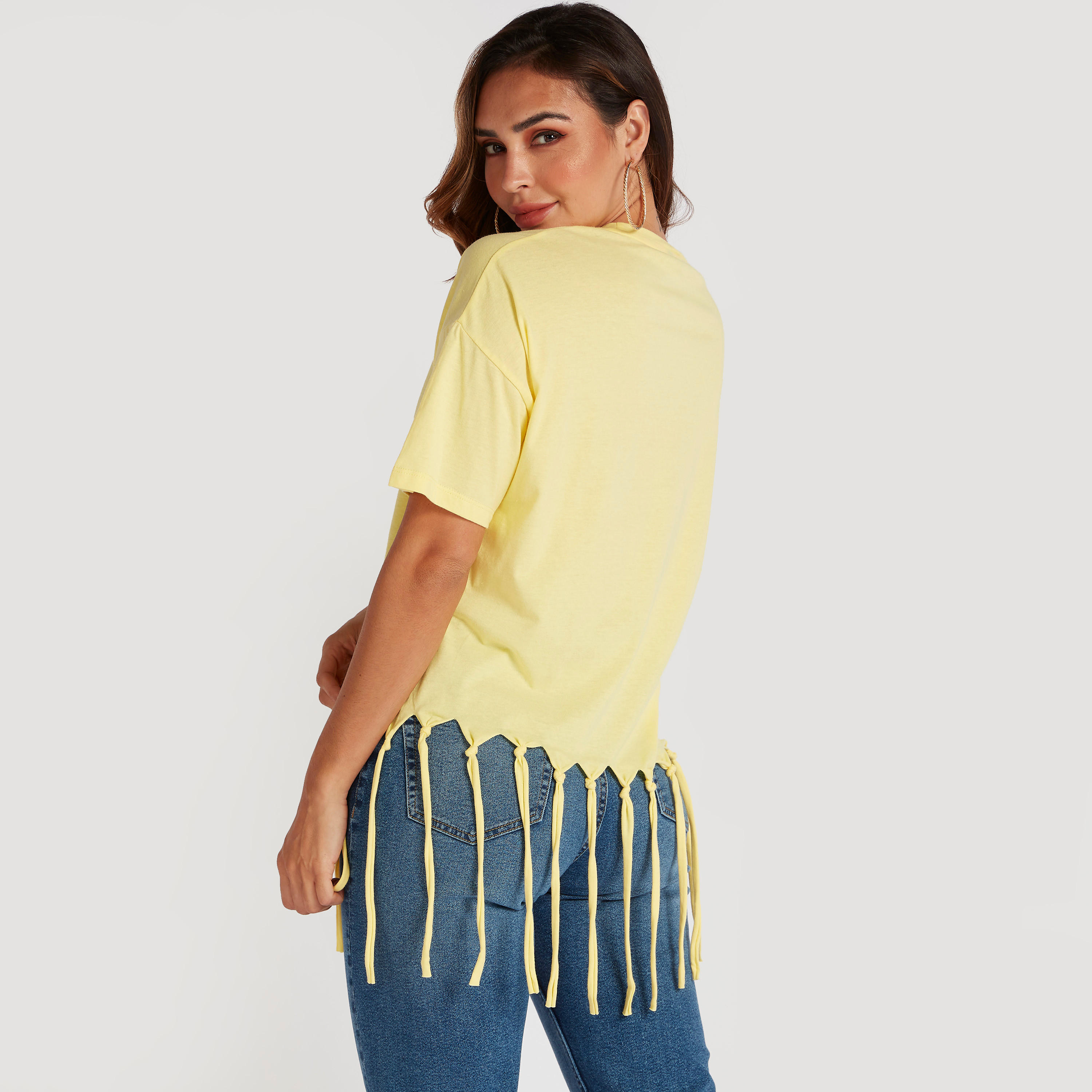 Printed Crew Neck T-shirt with Short Sleeves and Fringes-women-clothing-tshirts-image-4