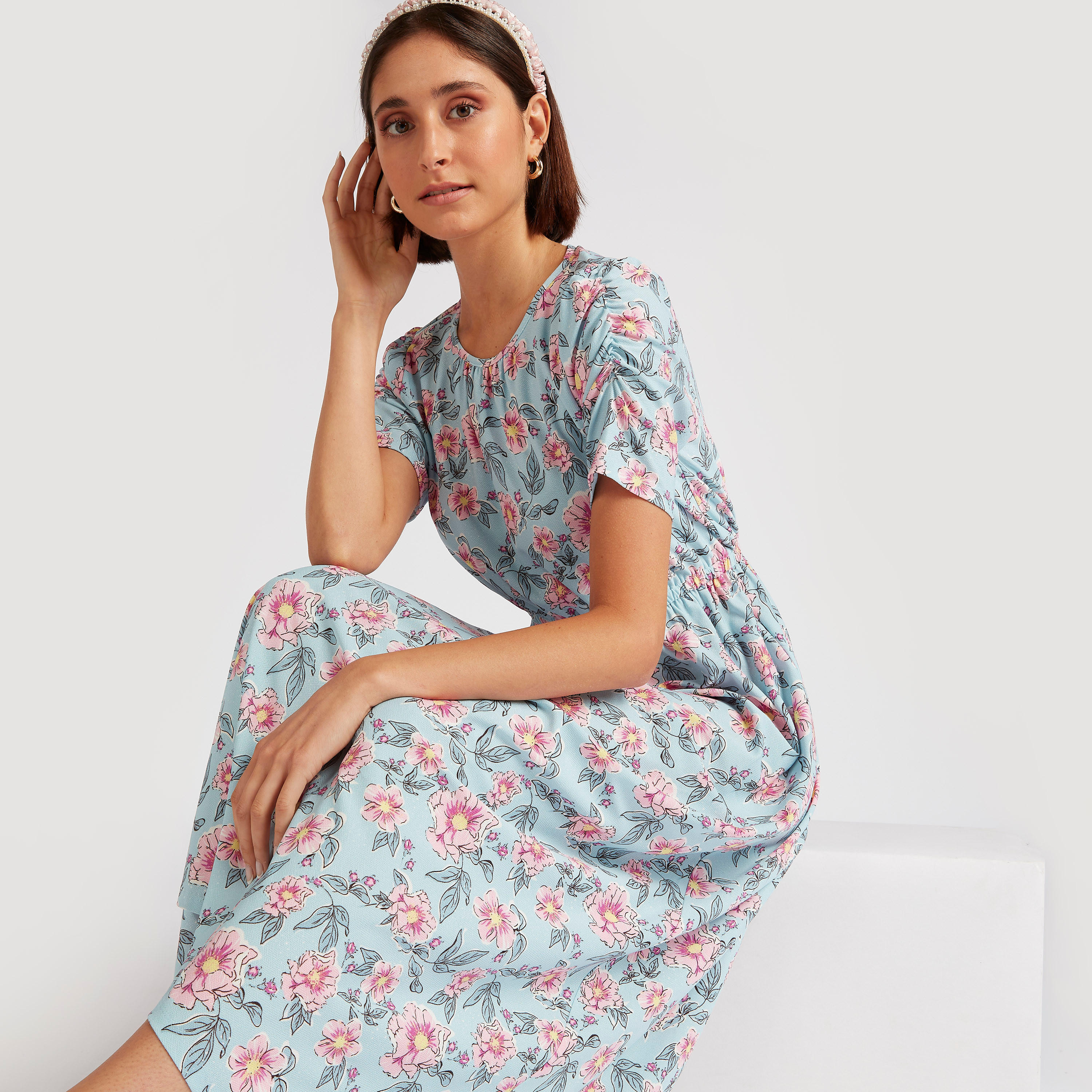 فستان إيه لاين طويل بطبعات أزهار وأكمام قصيرة-women-clothing-dresses-image-1