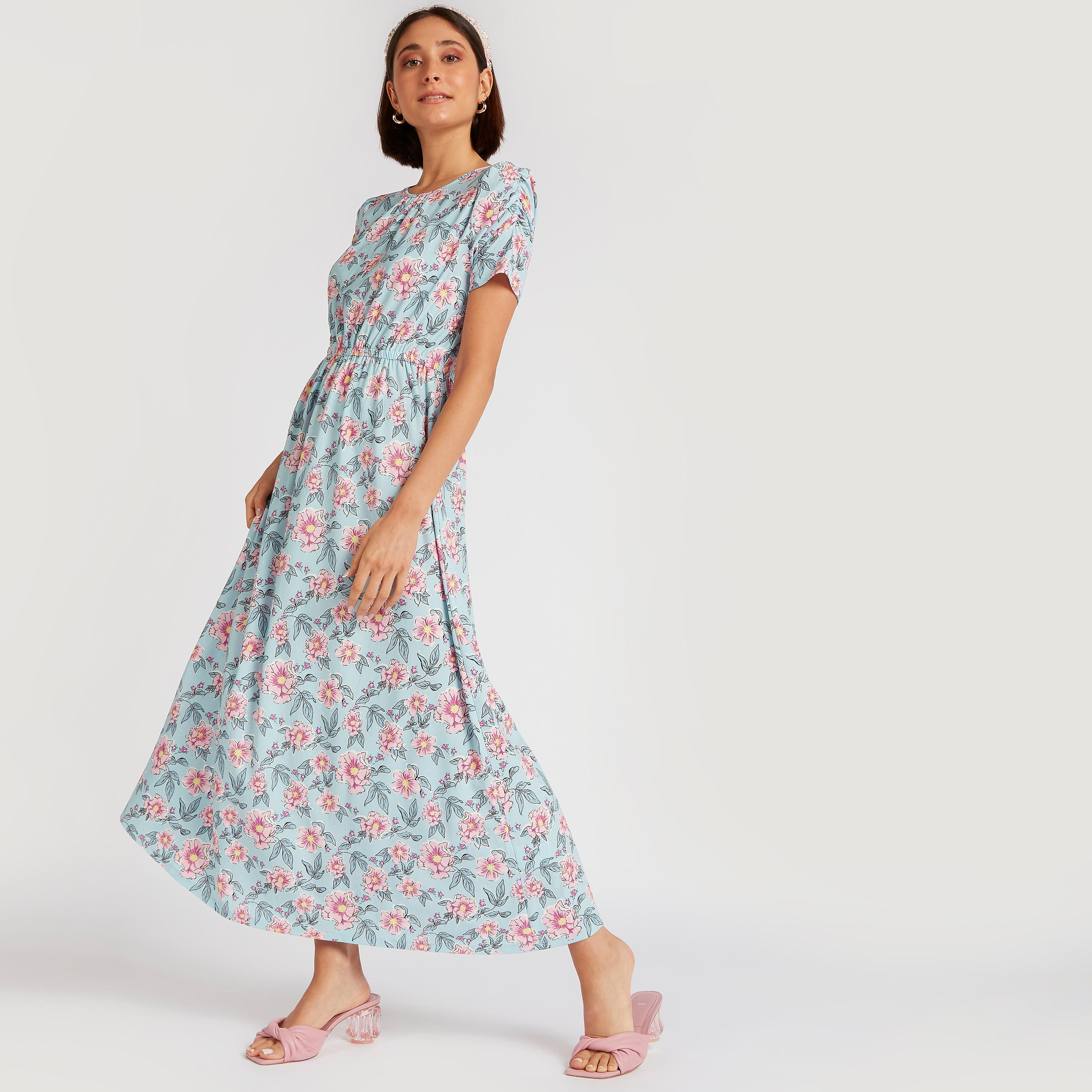 فستان إيه لاين طويل بطبعات أزهار وأكمام قصيرة-women-clothing-dresses-image-2