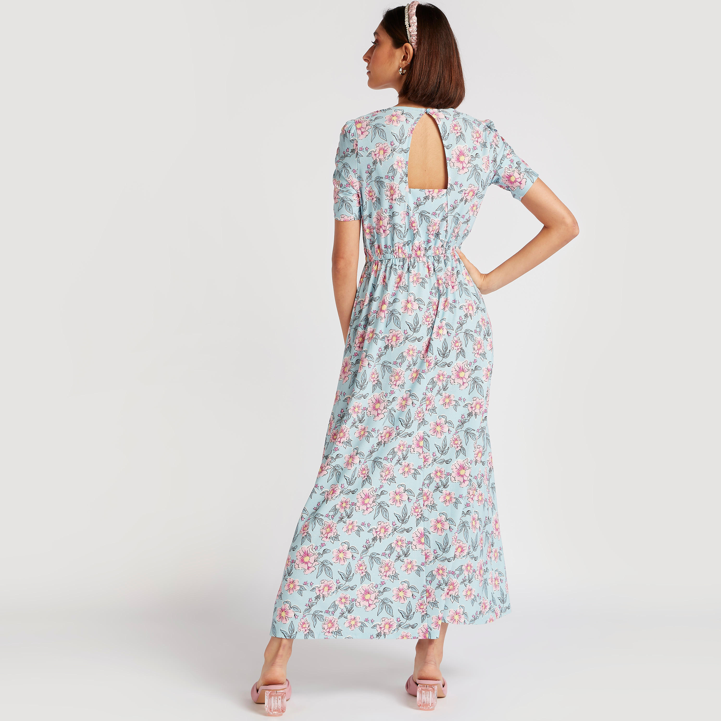 فستان إيه لاين طويل بطبعات أزهار وأكمام قصيرة-women-clothing-dresses-image-4