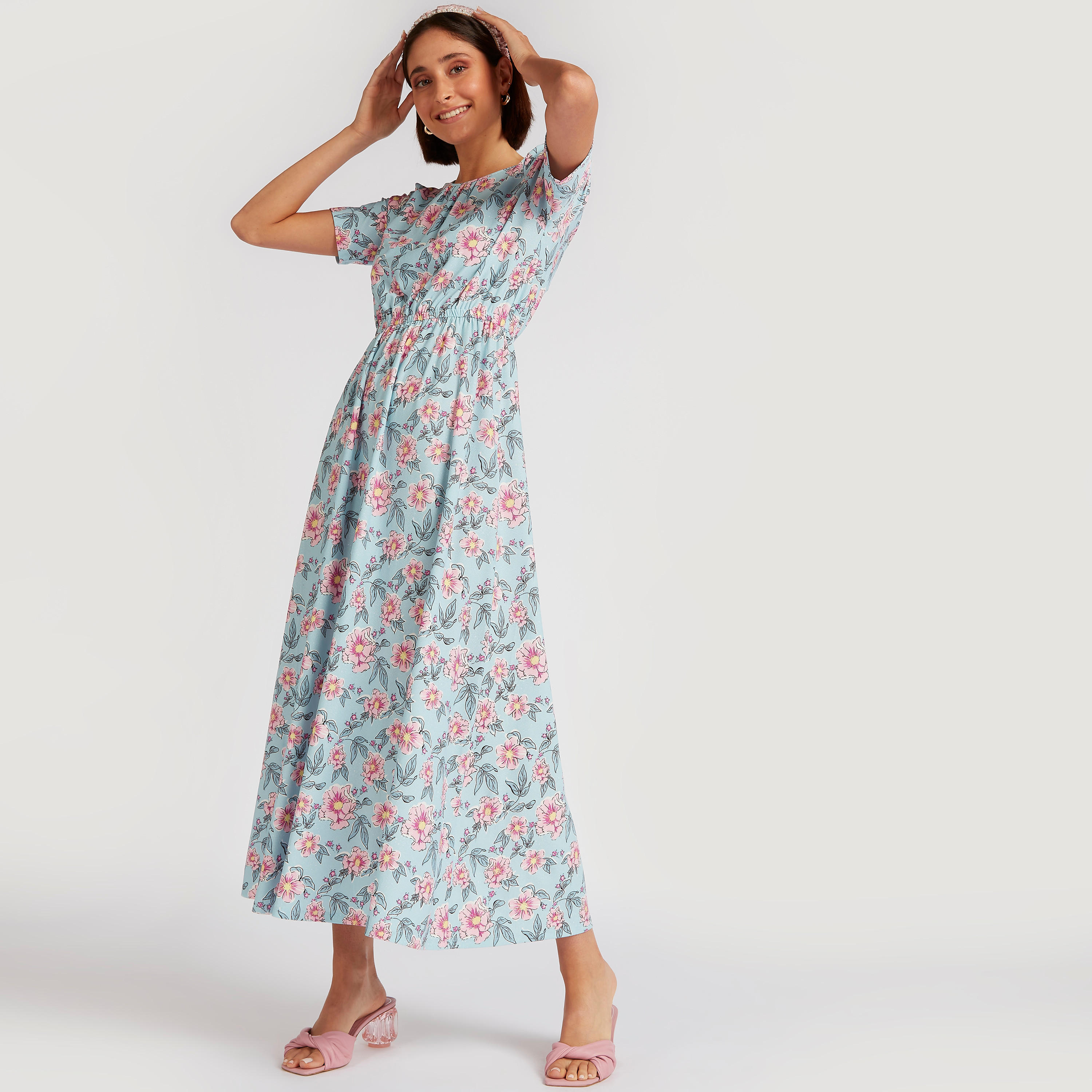فستان إيه لاين طويل بطبعات أزهار وأكمام قصيرة-women-clothing-dresses-image-6