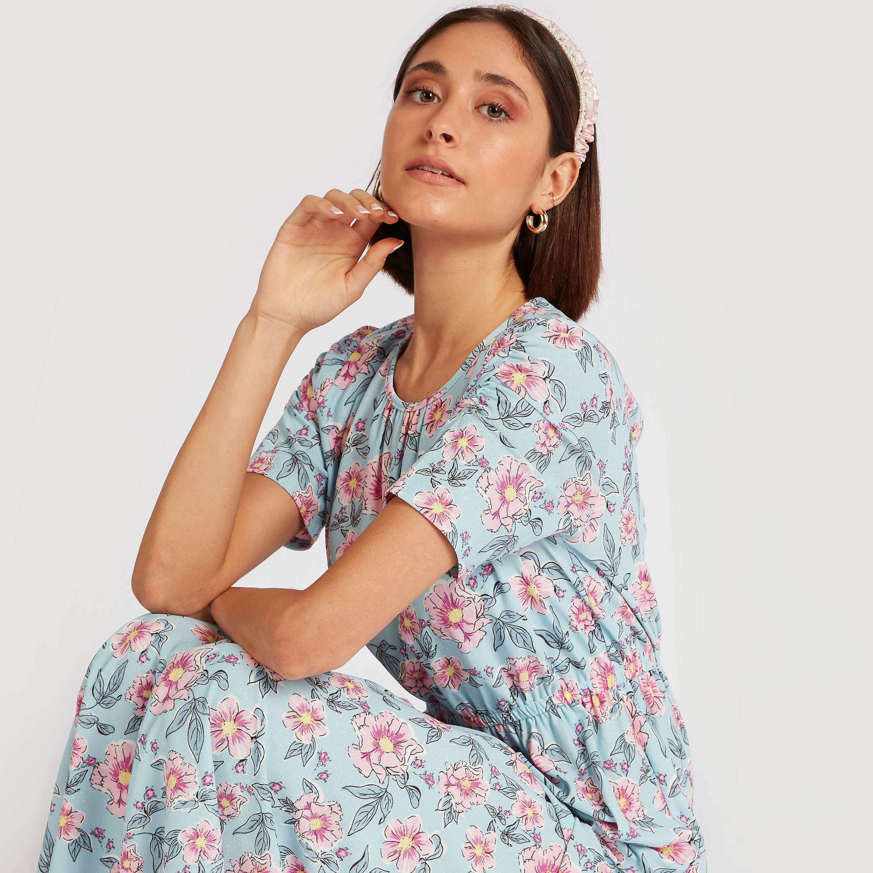 فستان إيه لاين طويل بطبعات أزهار وأكمام قصيرة-women-clothing-dresses-image-8