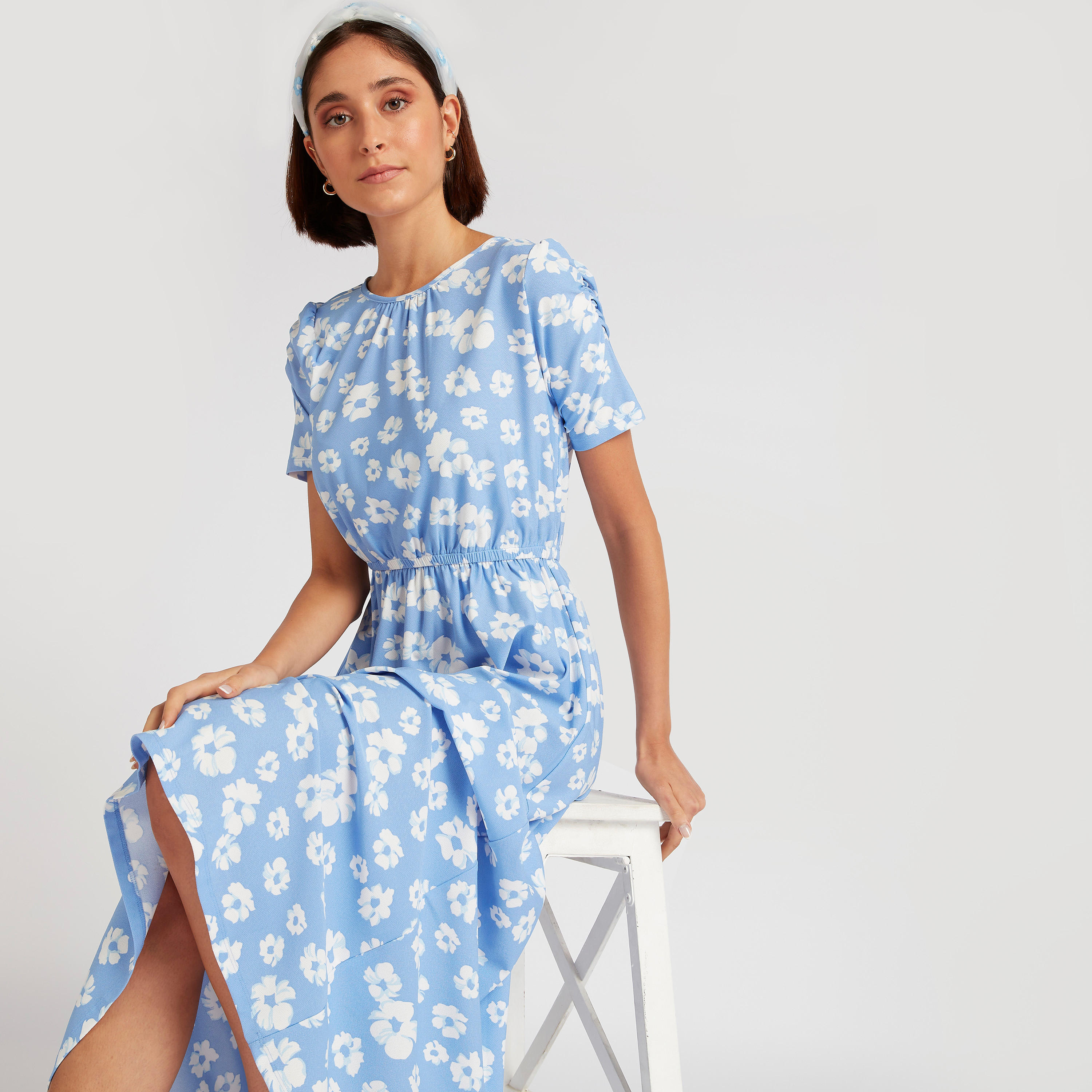 فستان إيه لاين طويل بطبعات أزهار وأكمام قصيرة-women-clothing-dresses-image-1