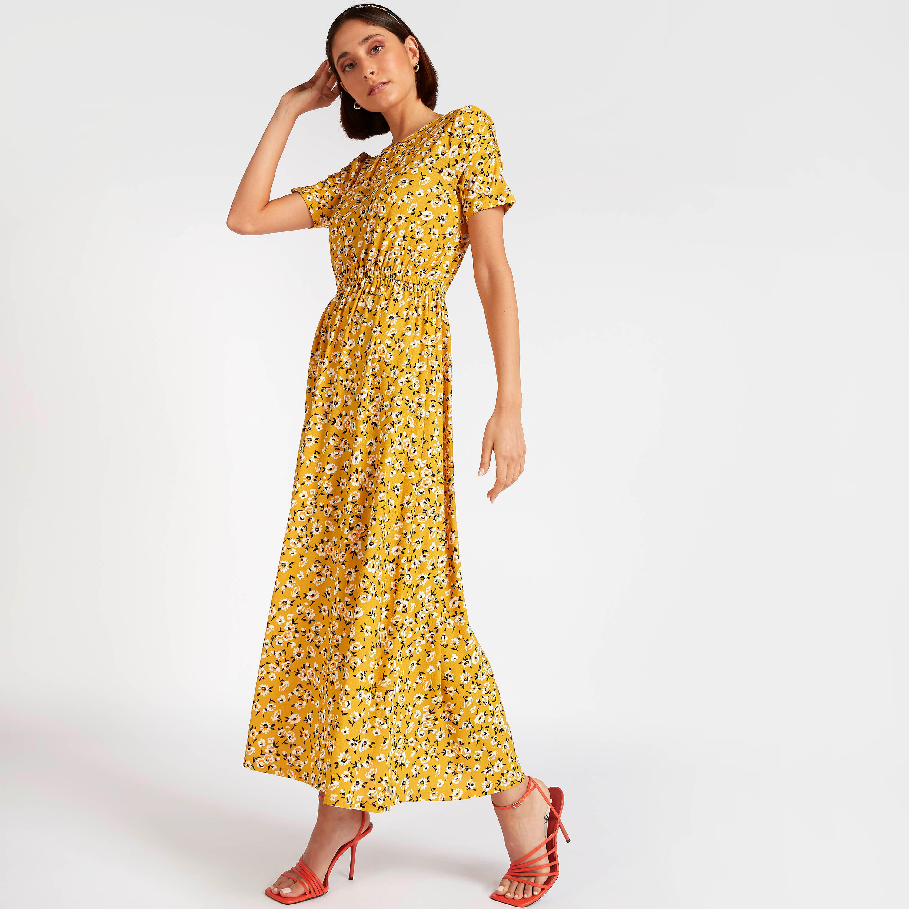 فستان طويل إيه لاين بأكمام قصيرة وطبعات زهرية-women-clothing-dresses-image-1