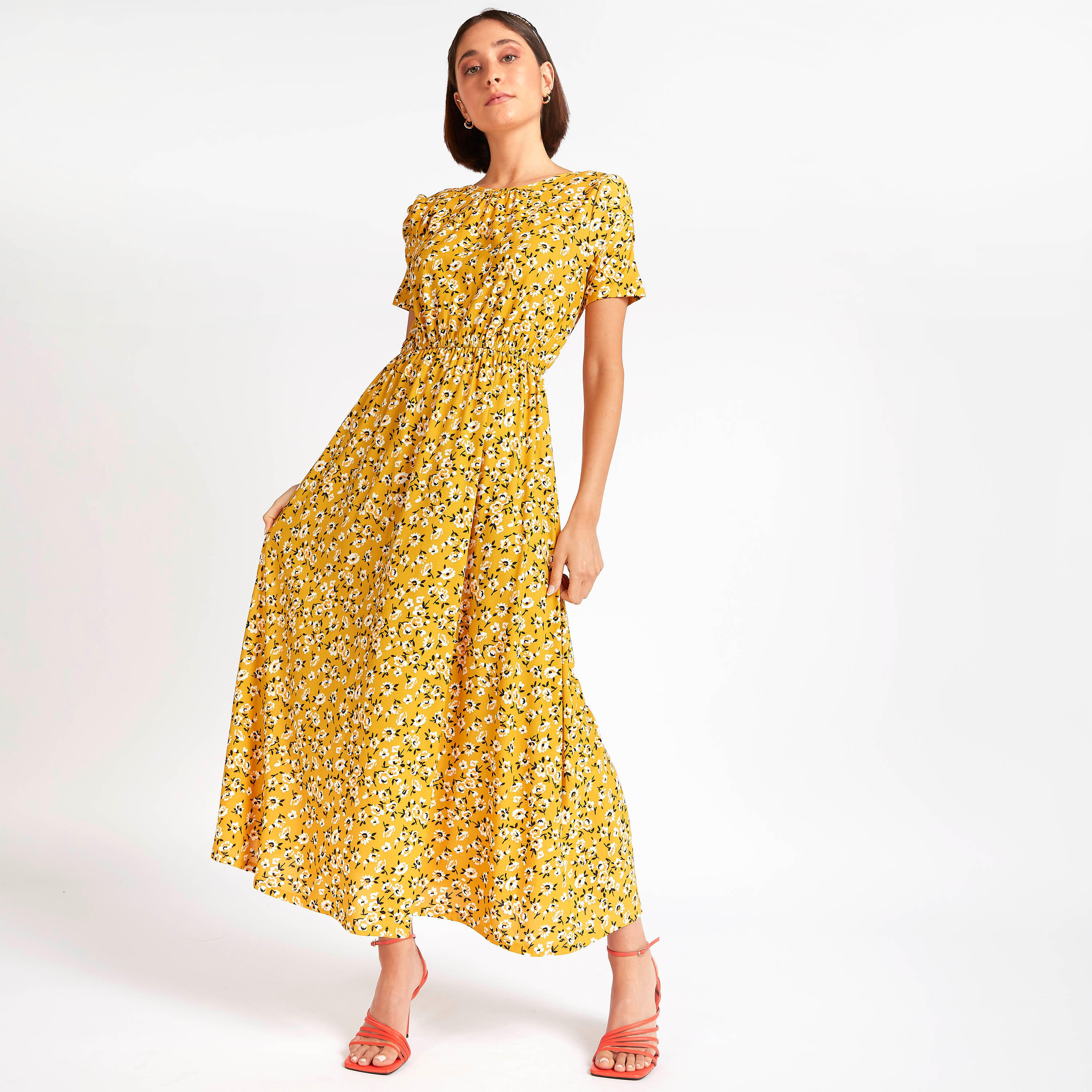فستان طويل إيه لاين بأكمام قصيرة وطبعات زهرية-women-clothing-dresses-image-2