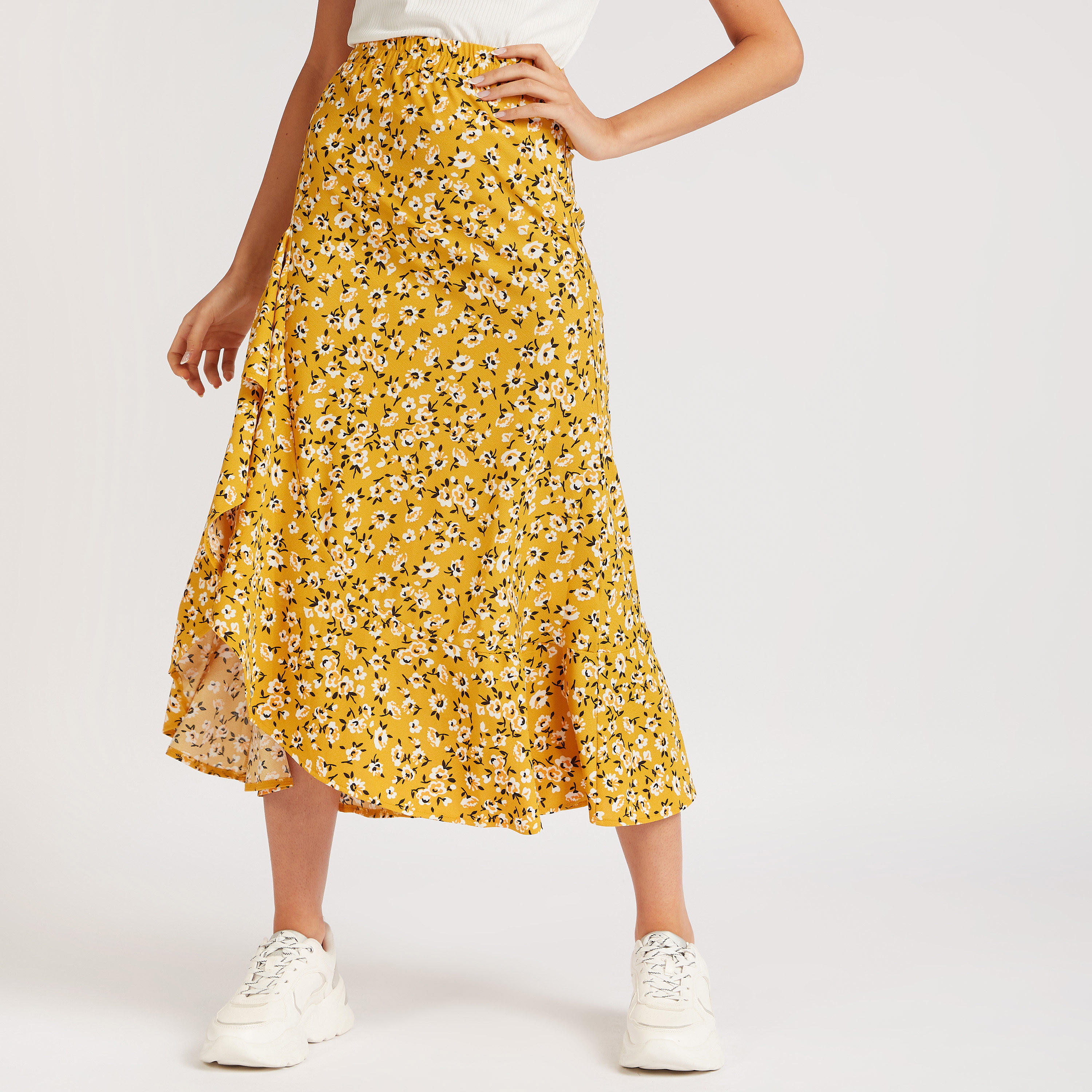 تنورة ميدي واسعة بطبعات أزهار وأطراف غير مستوية-women-clothing-bottoms-skirts-image-1