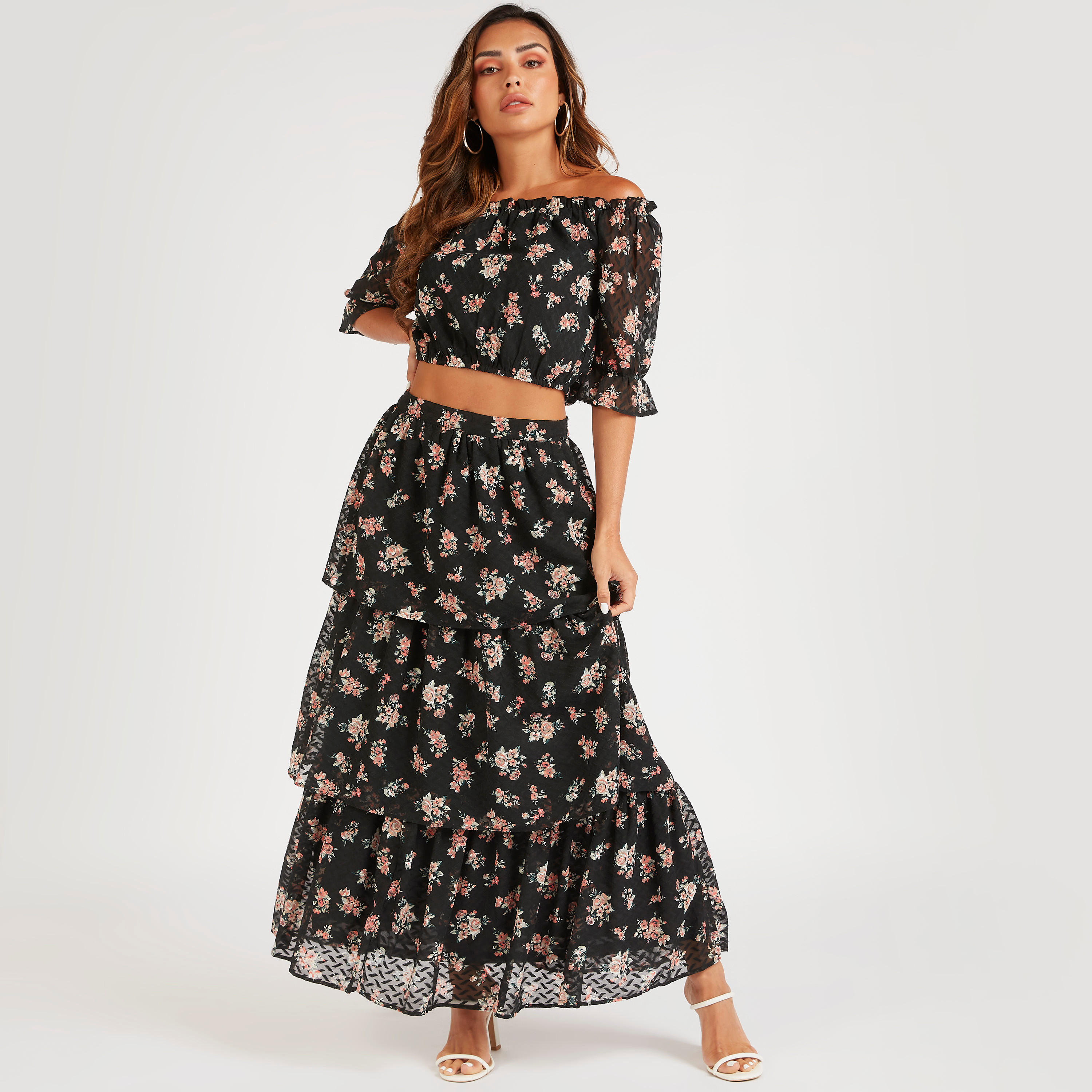 بلوزة مكشوفة الأكتاف بأكمام 3/4 وياقة باردو وطبعات زهرية-women-clothing-shirtsandblouses-blouses-image-2