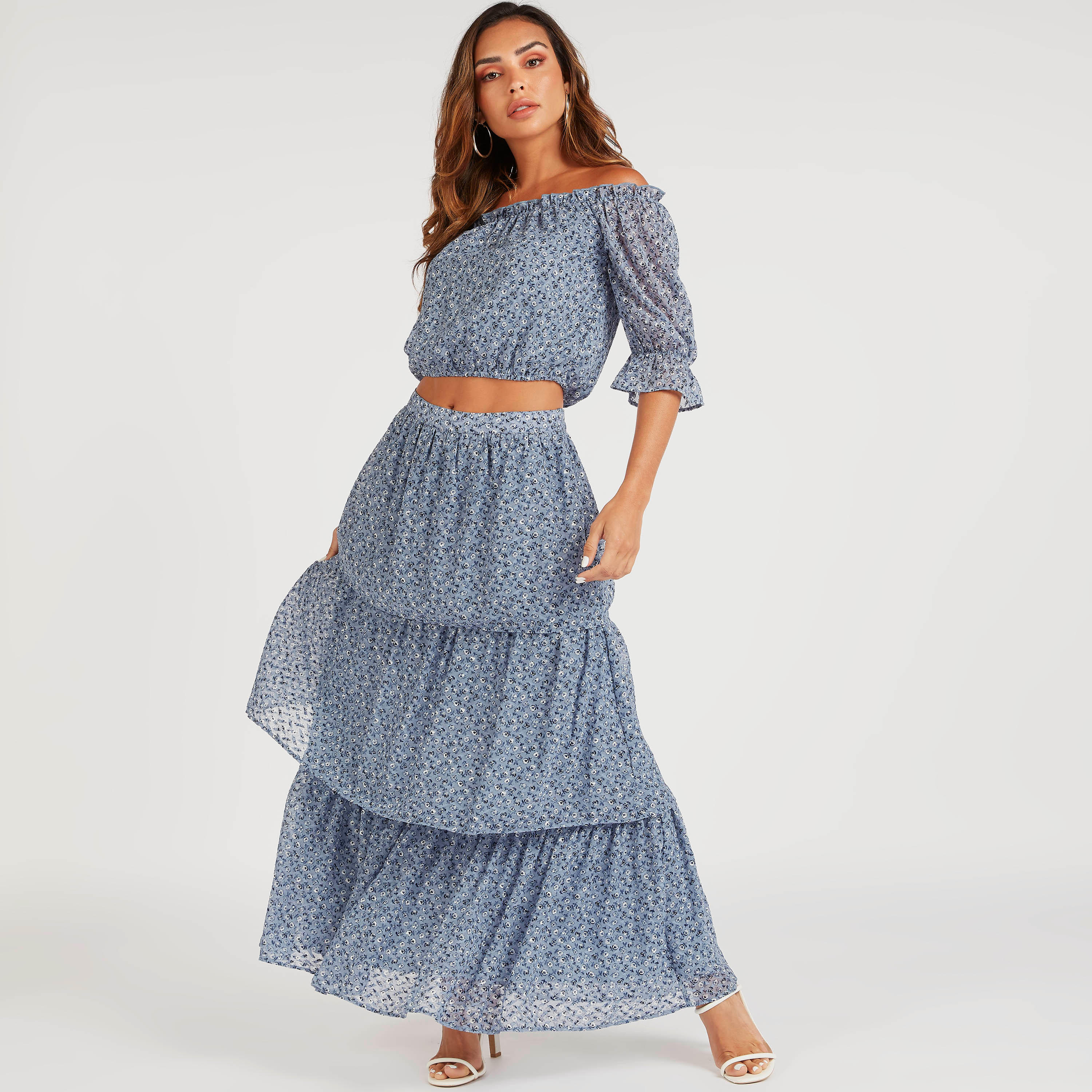 بلوزة مكشوفة الأكتاف بأكمام 3/4 وياقة باردو وطبعات زهرية-women-clothing-shirtsandblouses-blouses-image-2