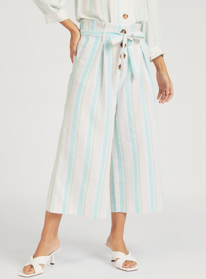 بنطلون كولوتيس مخطط بحزام وخصر بيبرباج وأزرار-women-clothing-bottoms-trousers-image-1