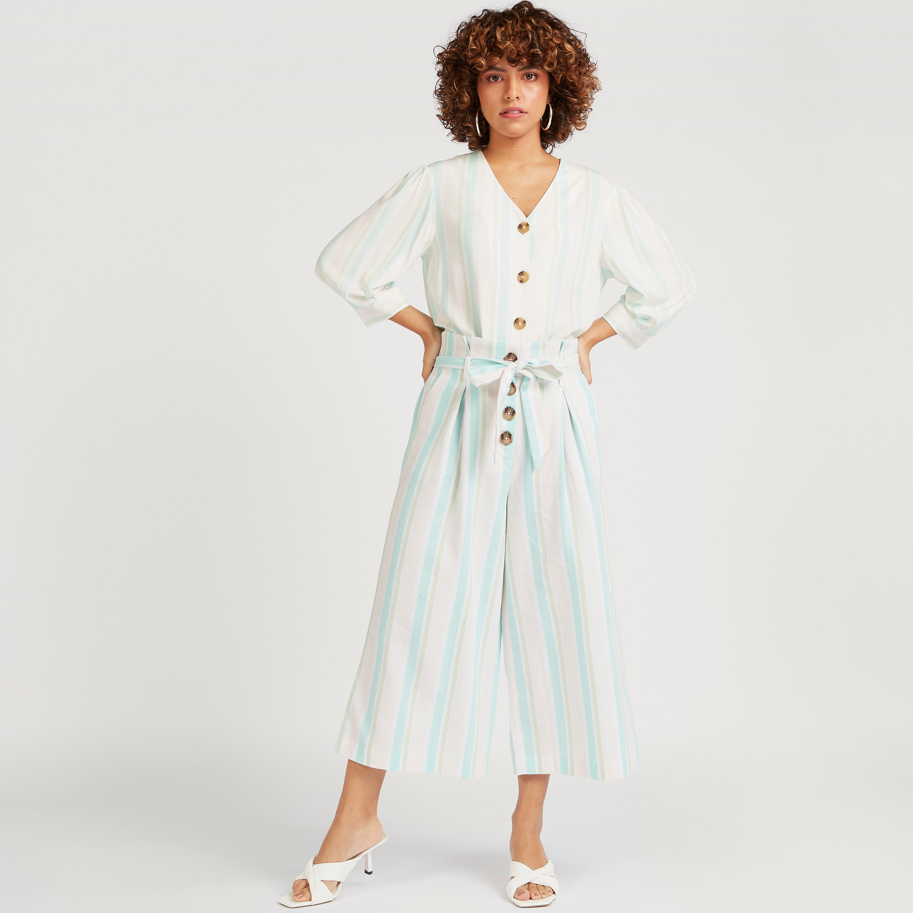 بنطلون كولوتيس مخطط بحزام وخصر بيبرباج وأزرار-women-clothing-bottoms-trousers-image-2