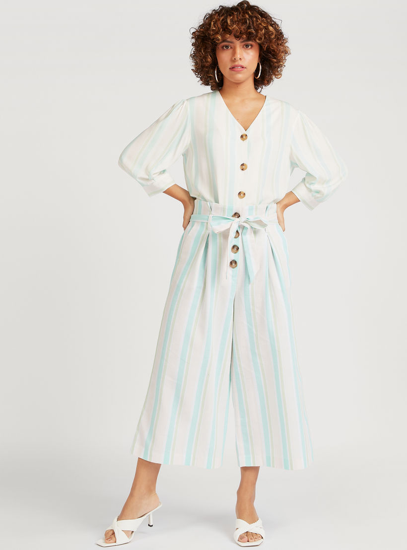 بنطلون كولوتيس مخطط بحزام وخصر بيبرباج وأزرار-women-clothing-bottoms-trousers-image-2