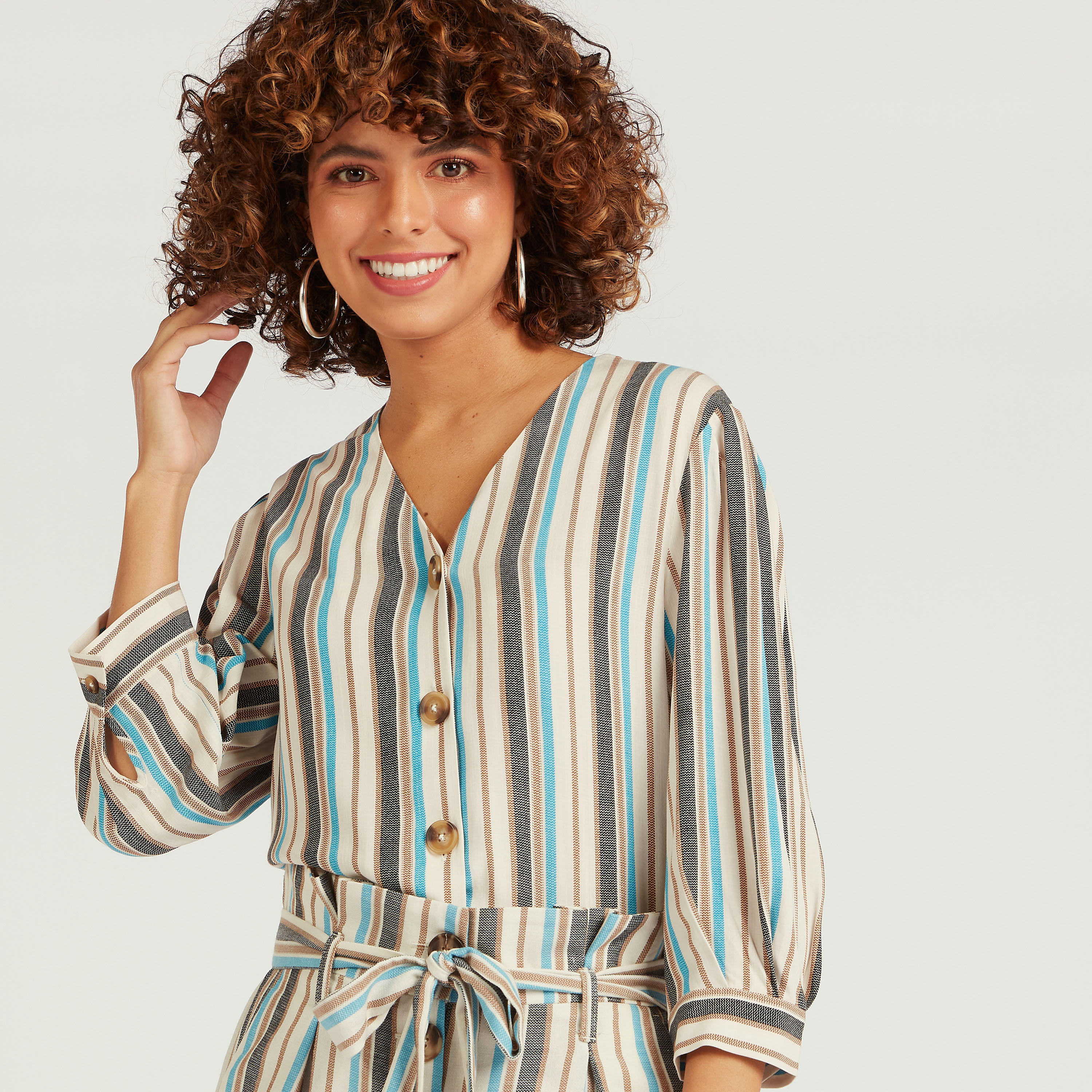Striped Button Up Shirt with 3/4 Sleeves and V-neck-women-clothing-shirtsandblouses-shirts-image-1