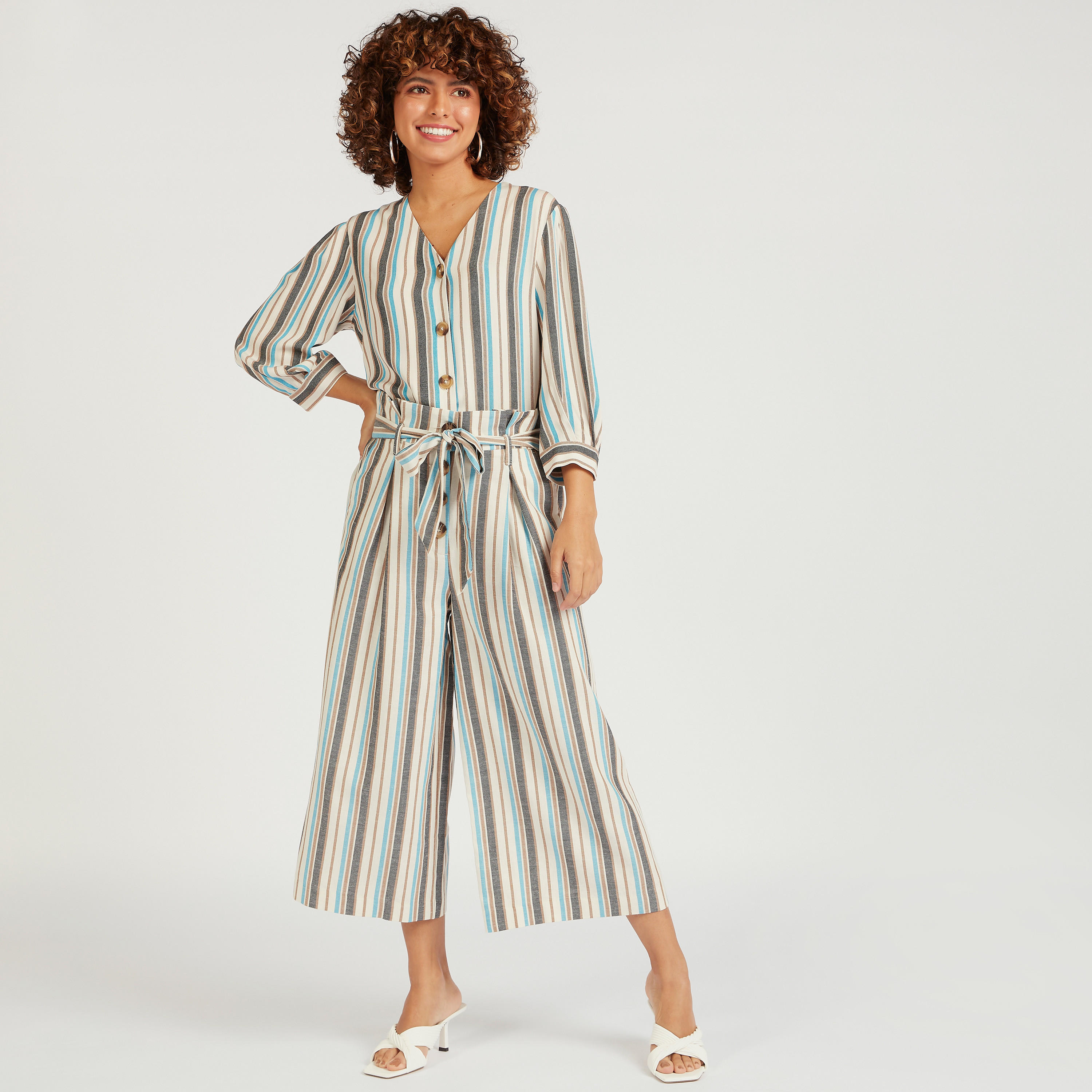 Striped Button Up Shirt with 3/4 Sleeves and V-neck-women-clothing-shirtsandblouses-shirts-image-2