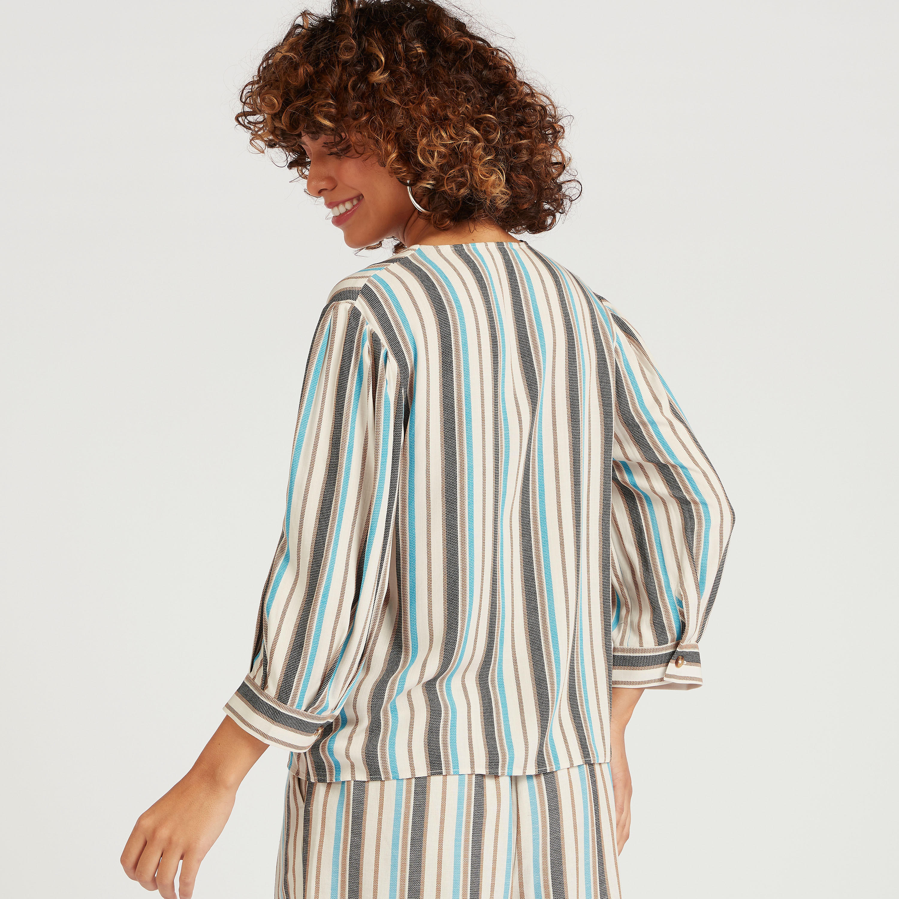 Striped Button Up Shirt with 3/4 Sleeves and V-neck-women-clothing-shirtsandblouses-shirts-image-4