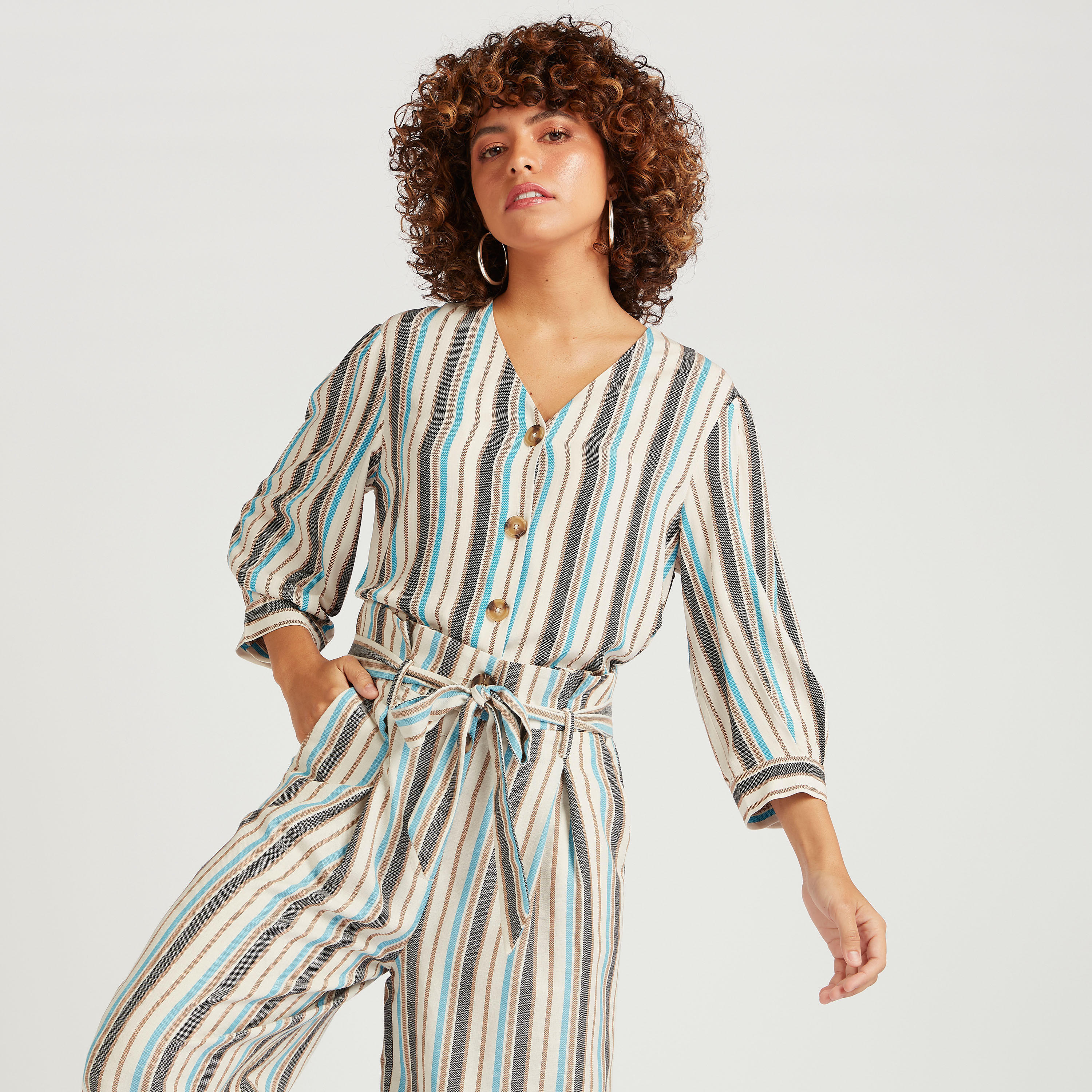 Striped Button Up Shirt with 3/4 Sleeves and V-neck-women-clothing-shirtsandblouses-shirts-image-5