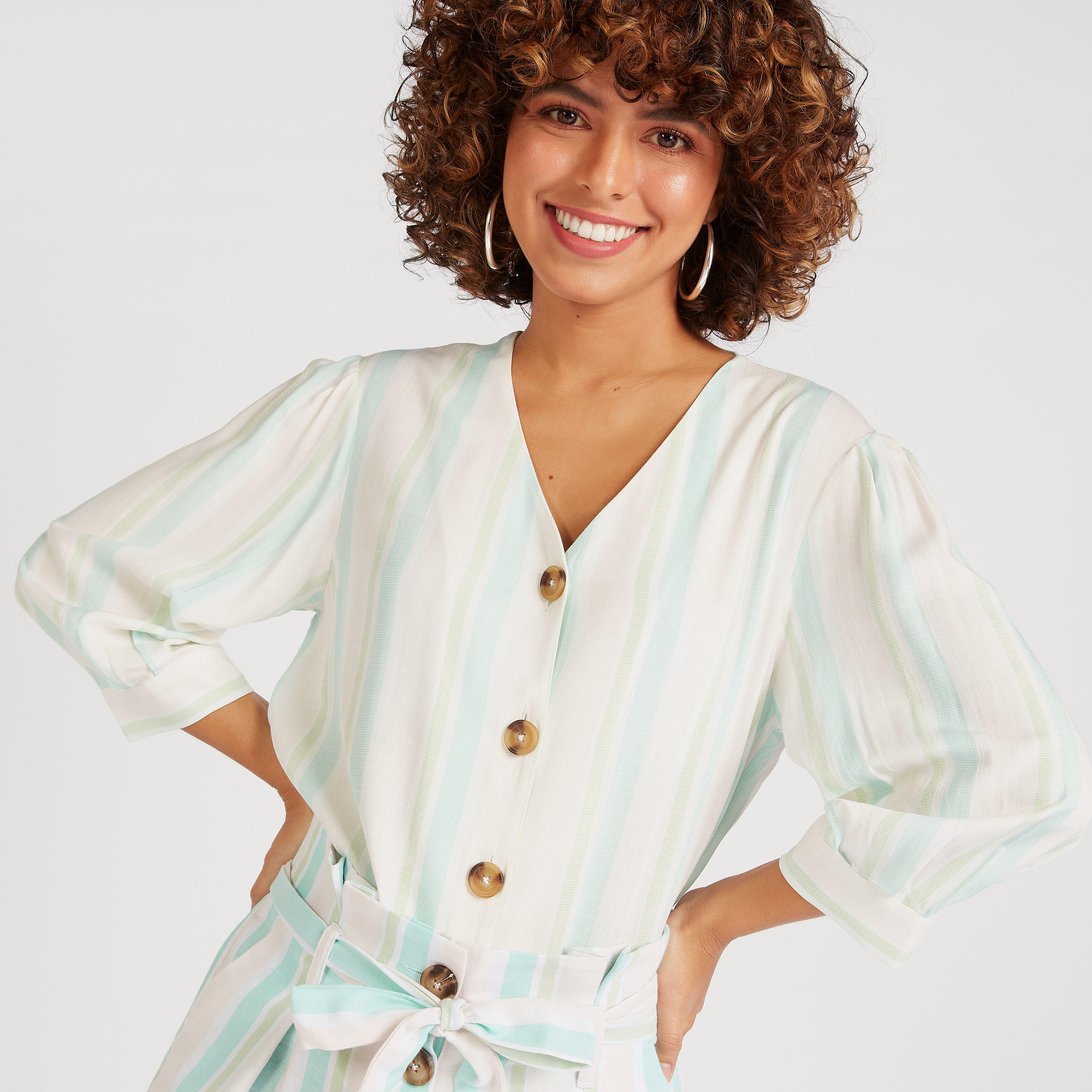 Striped V-neck Shirt with 3/4 Sleeves-women-clothing-shirtsandblouses-shirts-image-1