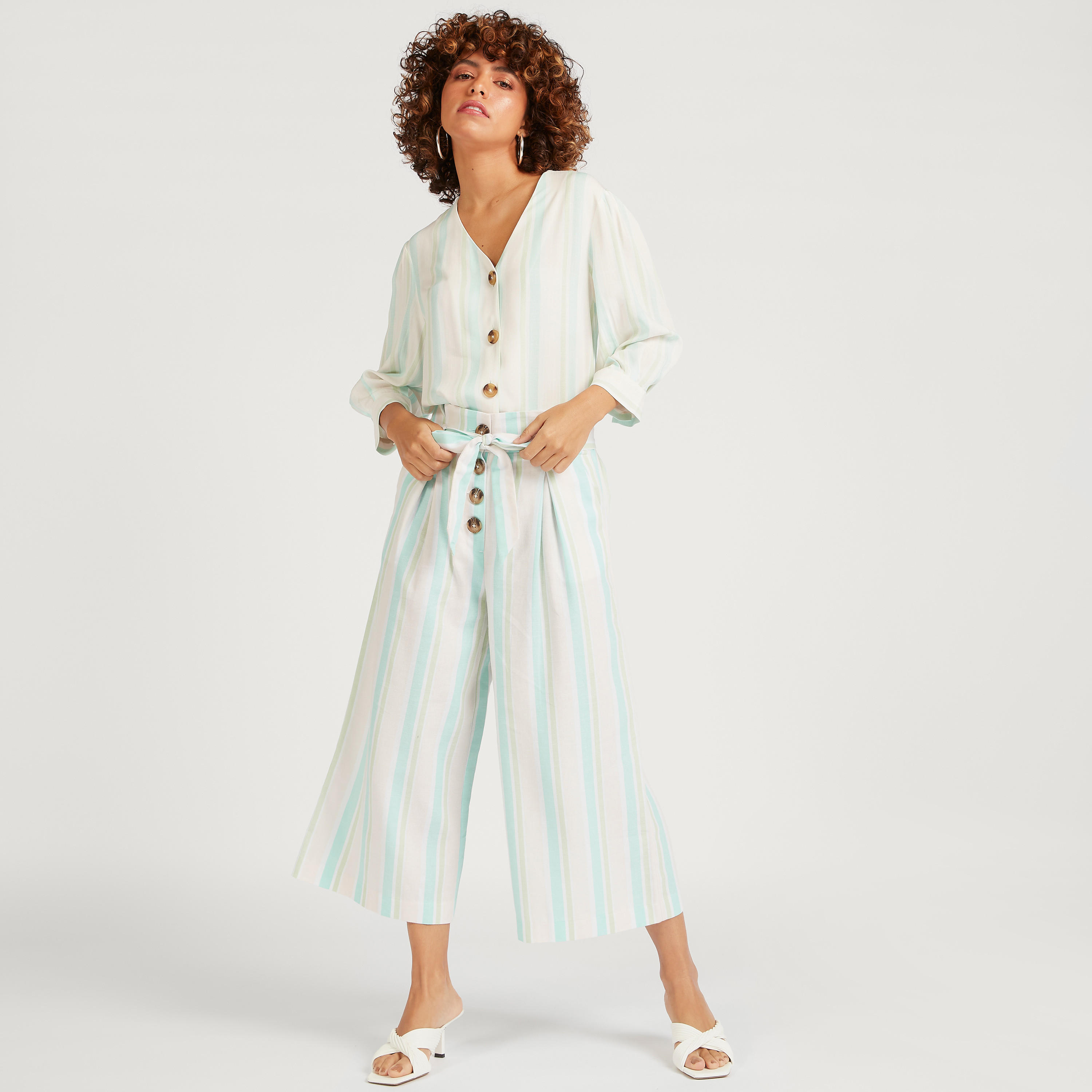 Striped V-neck Shirt with 3/4 Sleeves-women-clothing-shirtsandblouses-shirts-image-2