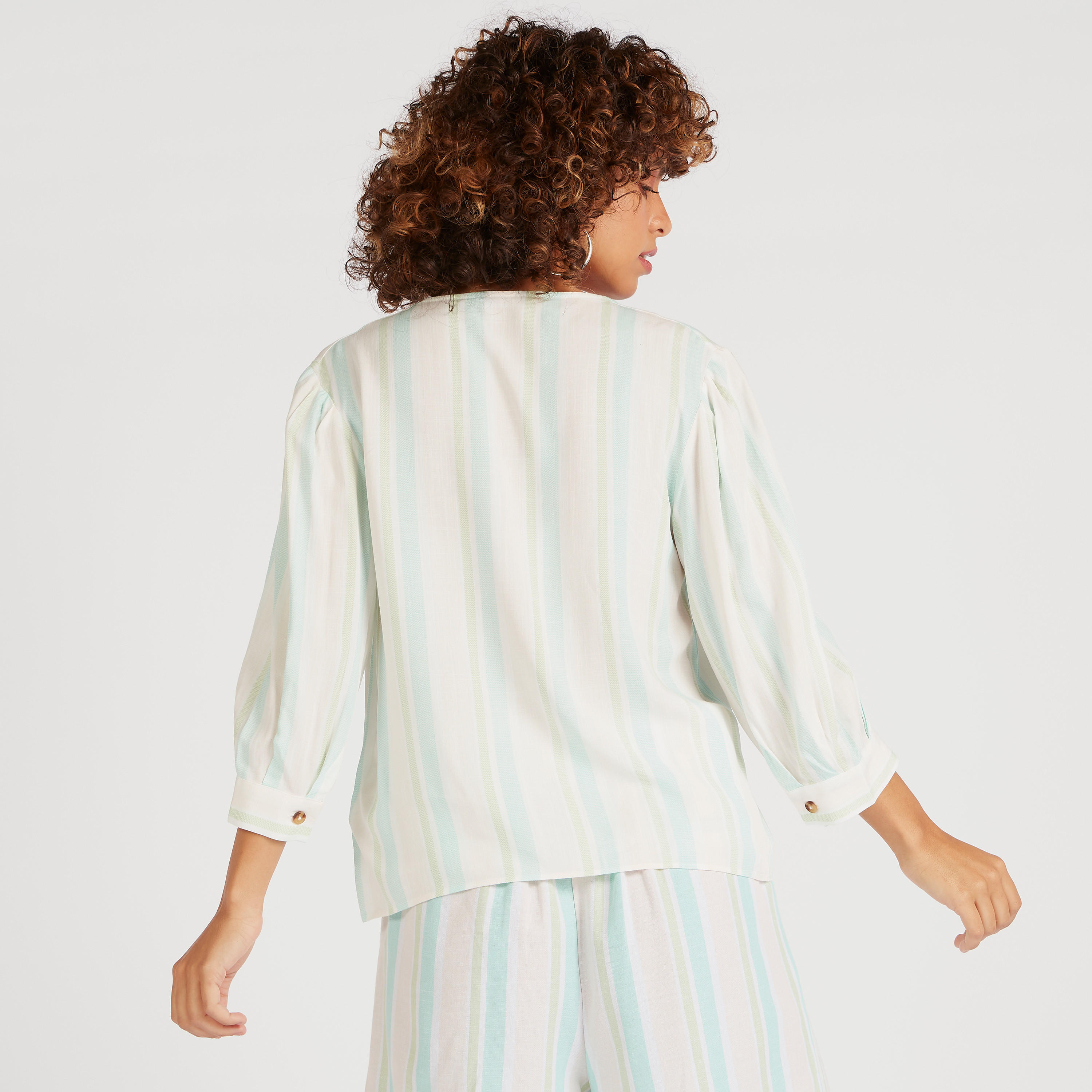 Striped V-neck Shirt with 3/4 Sleeves-women-clothing-shirtsandblouses-shirts-image-4