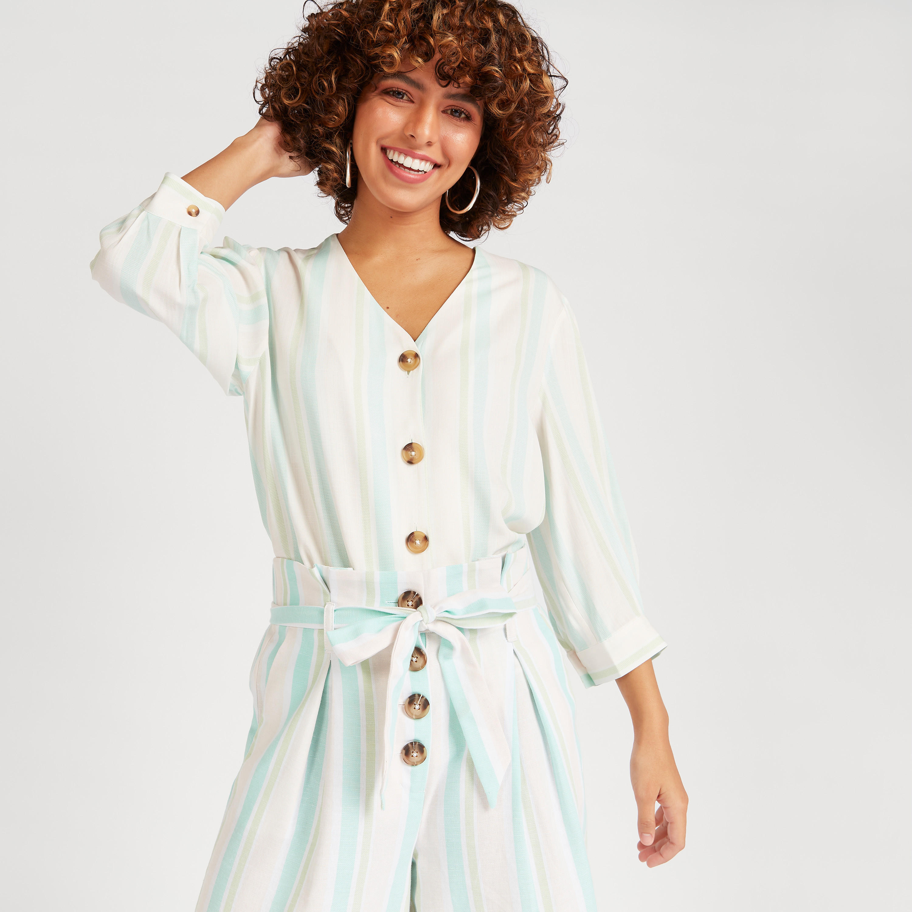 Striped V-neck Shirt with 3/4 Sleeves-women-clothing-shirtsandblouses-shirts-image-5
