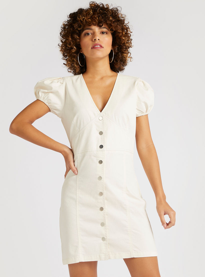 Solid V-neck Mini Bodycon Dress with Short Sleeves-women-clothing-dresses-image-1