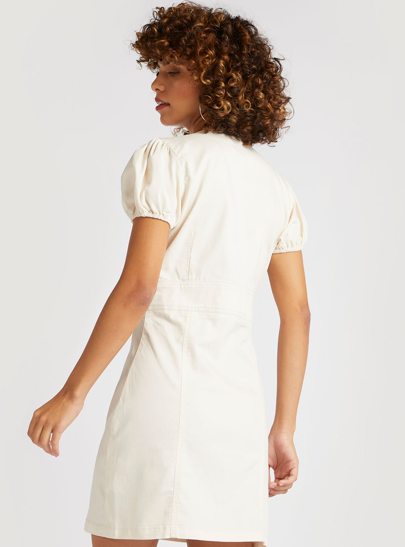 Solid V-neck Mini Bodycon Dress with Short Sleeves-women-clothing-dresses-image-4