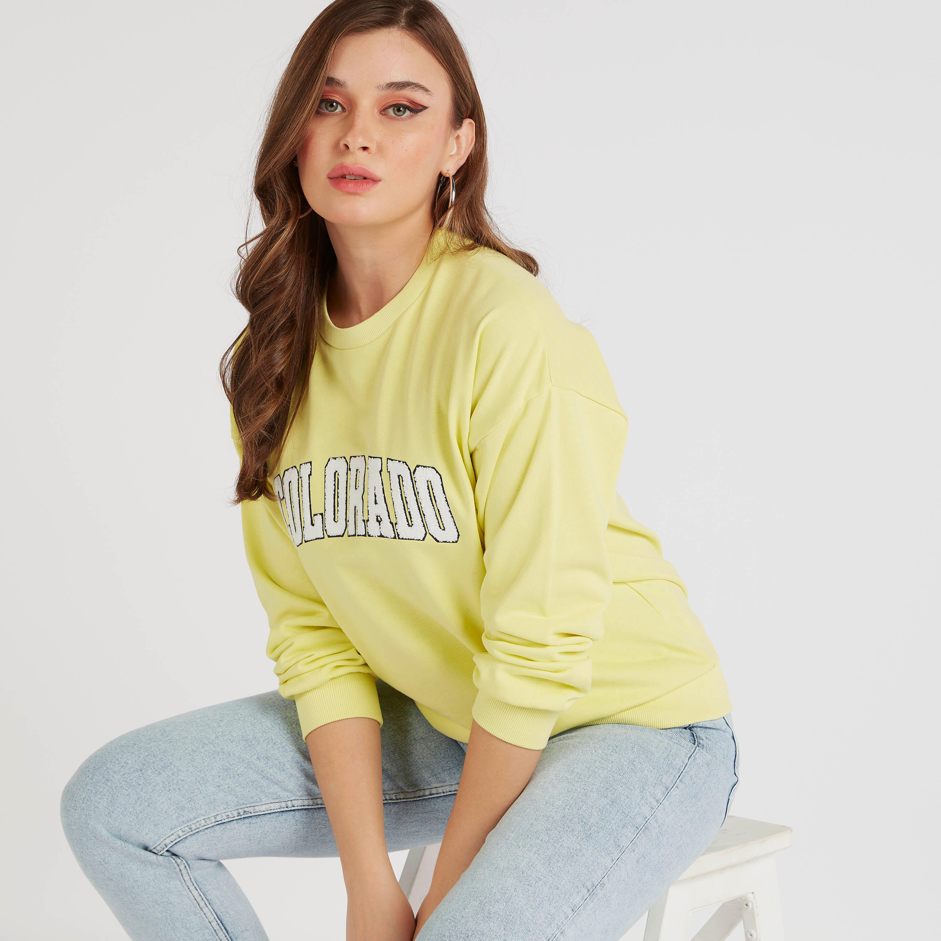 Textured Crew Neck Sweatshirt with Long Sleeves-women-winterwear-hoodiesandsweatshirts-sweatshirts-image-1