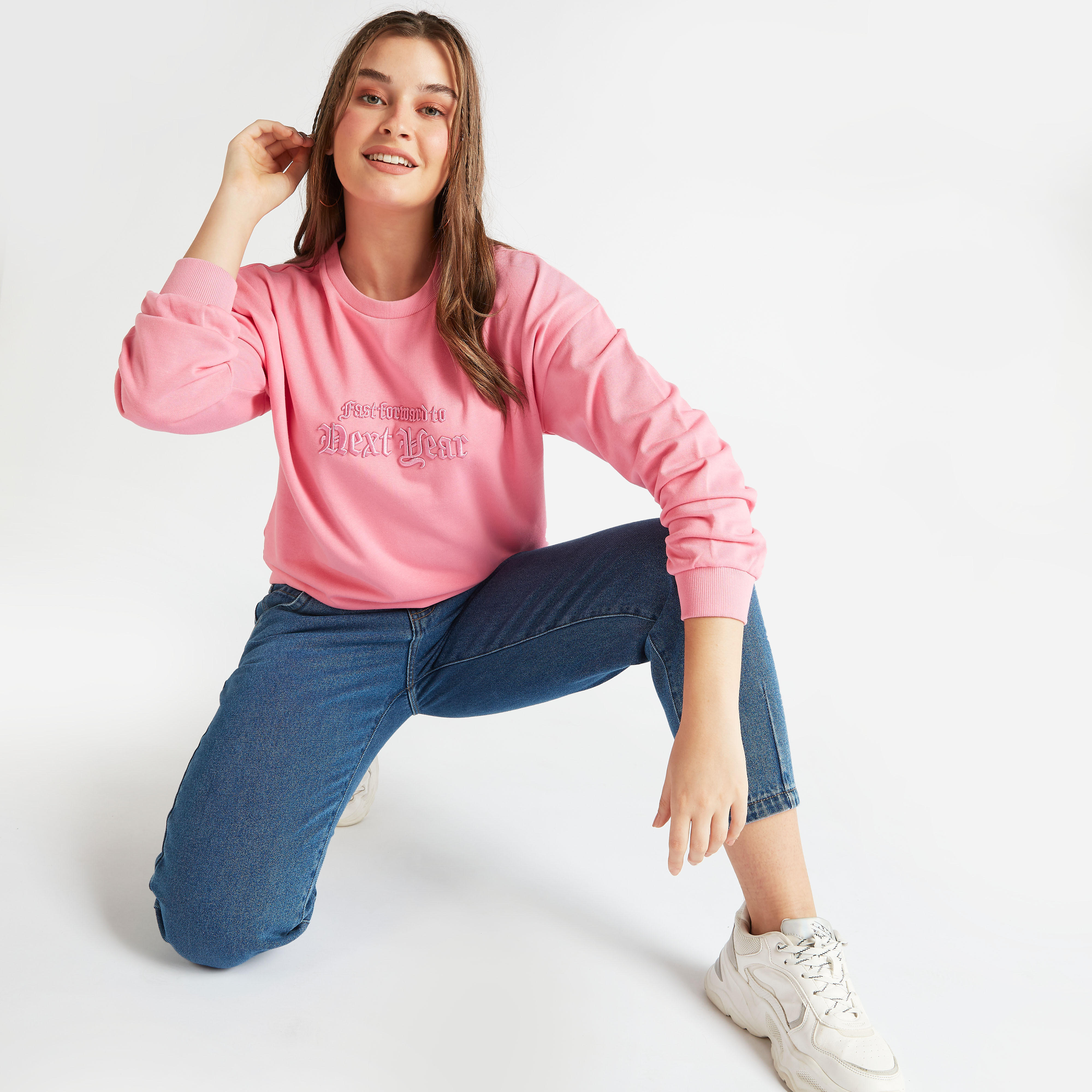 Embroidered Crew Neck Oversized Sweatshirt with Long Sleeves-women-winterwear-hoodiesandsweatshirts-sweatshirts-image-2