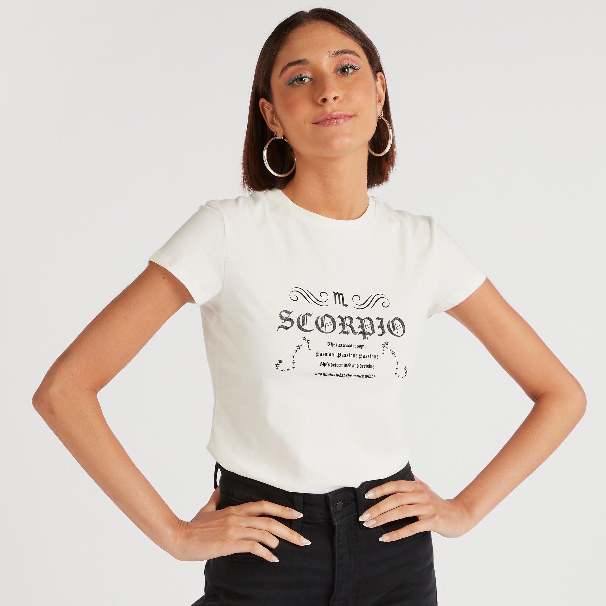 Zodiac Scorpio Print T-shirt with Cap Sleeves-women-clothing-tshirts-image-1