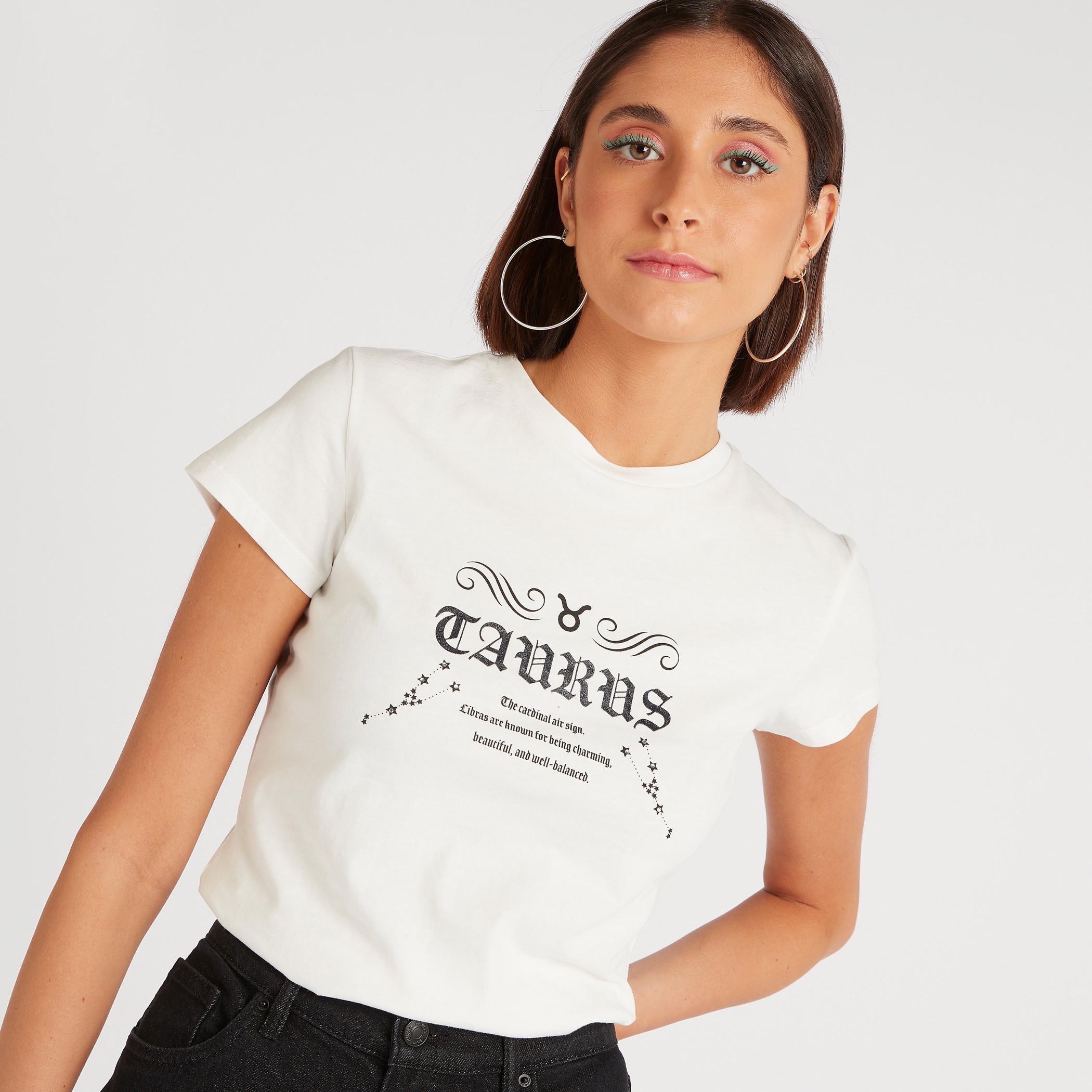 Zodiac Taurus Print Crew Neck T-shirt with Cap Sleeves-women-clothing-tshirts-image-1