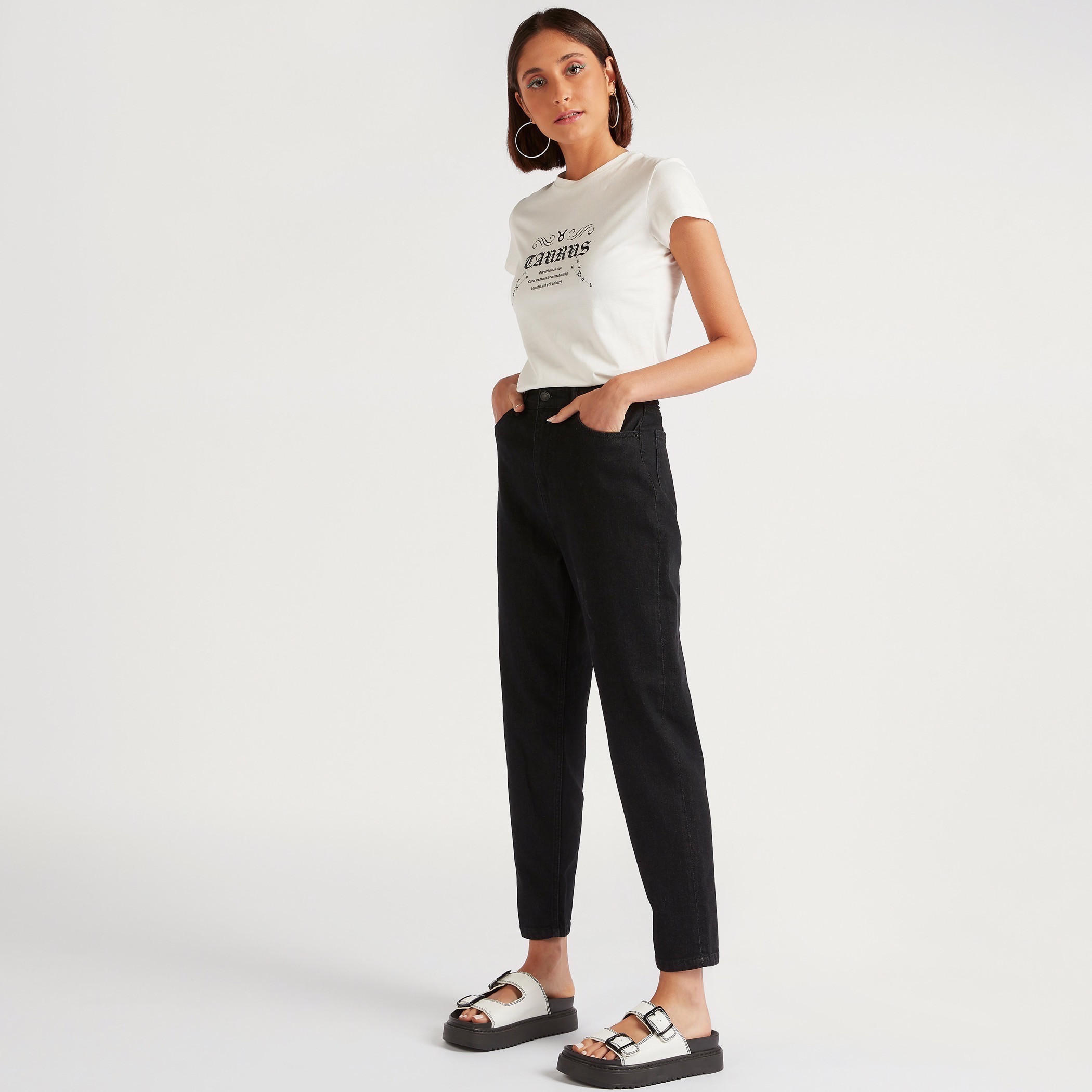 Zodiac Taurus Print Crew Neck T-shirt with Cap Sleeves-women-clothing-tshirts-image-2