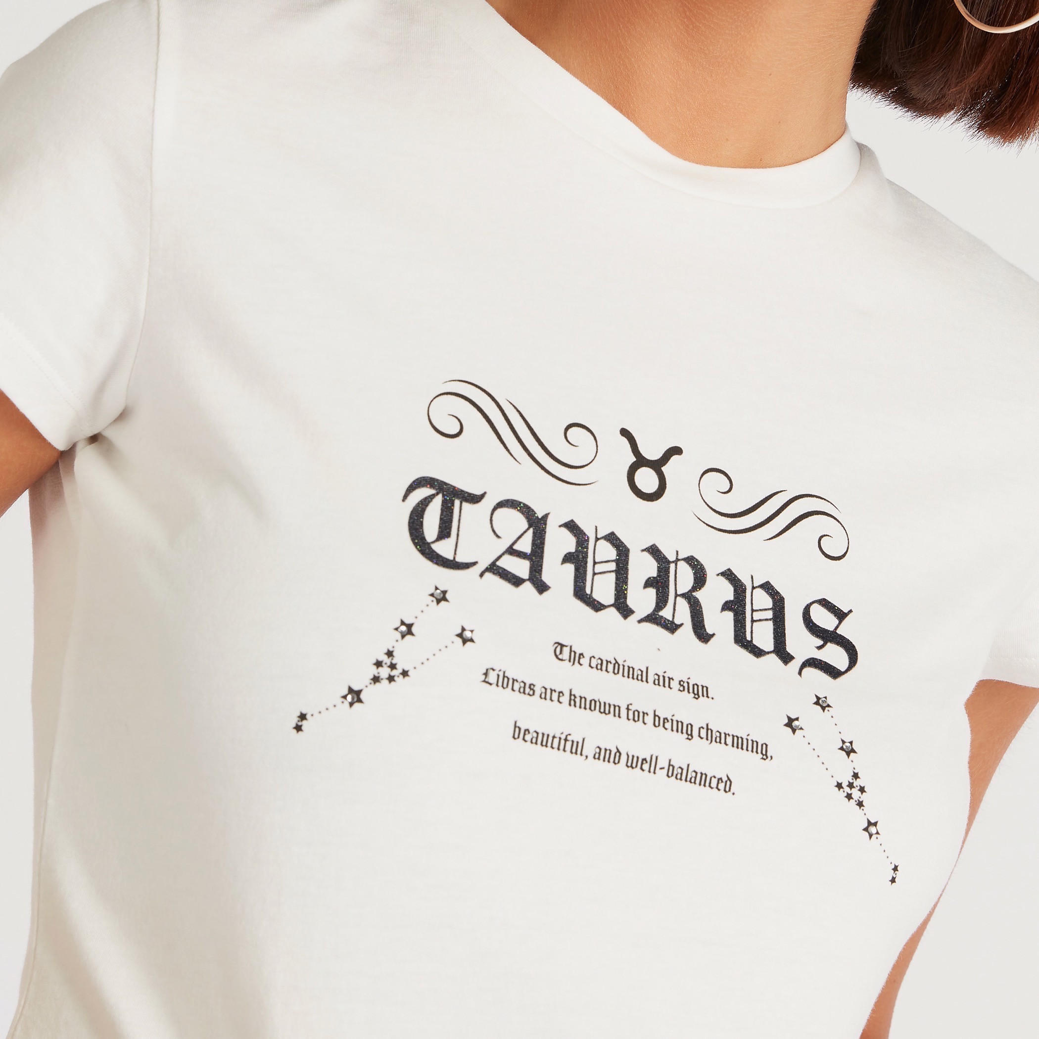Zodiac Taurus Print Crew Neck T-shirt with Cap Sleeves-women-clothing-tshirts-image-3