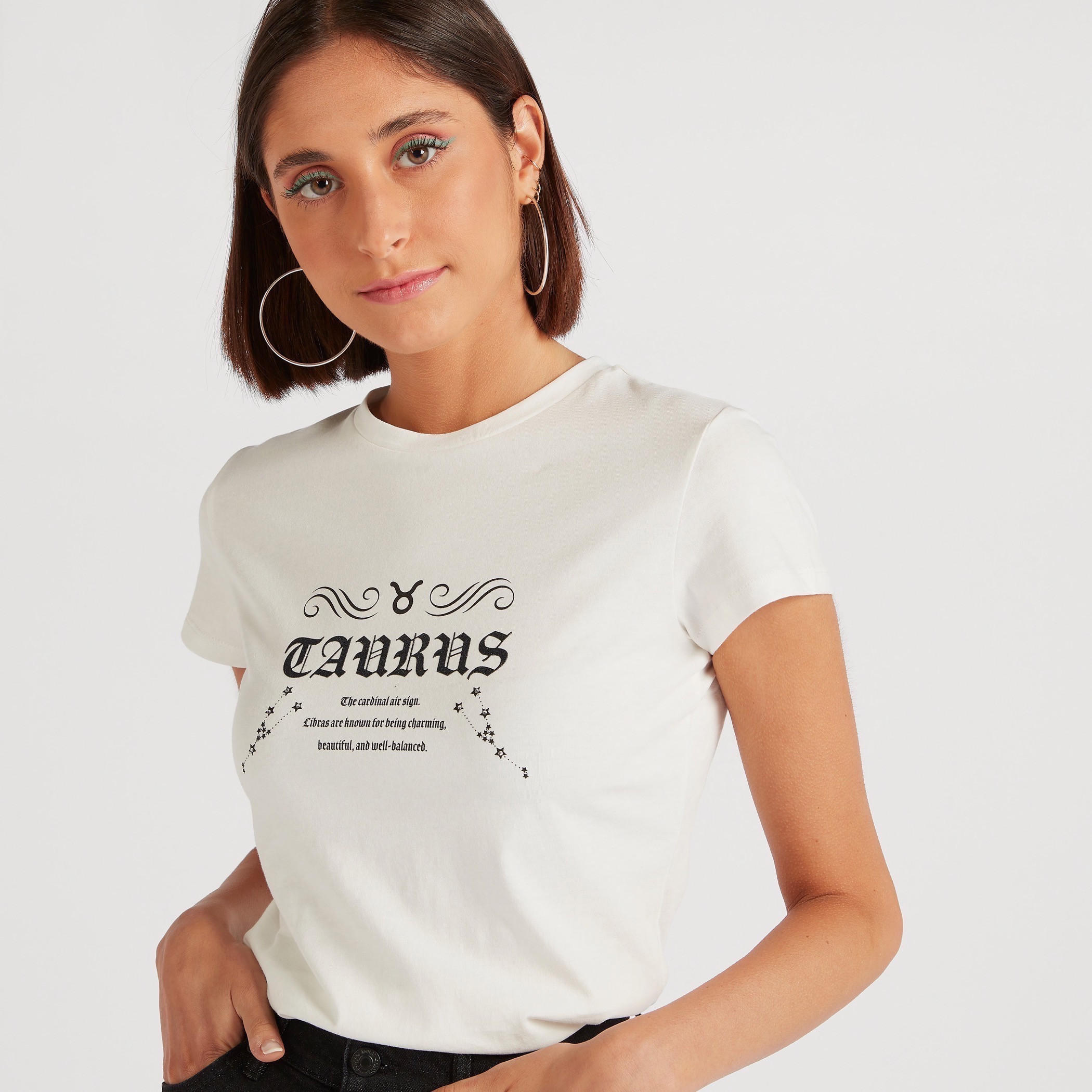 Zodiac Taurus Print Crew Neck T-shirt with Cap Sleeves-women-clothing-tshirts-image-5