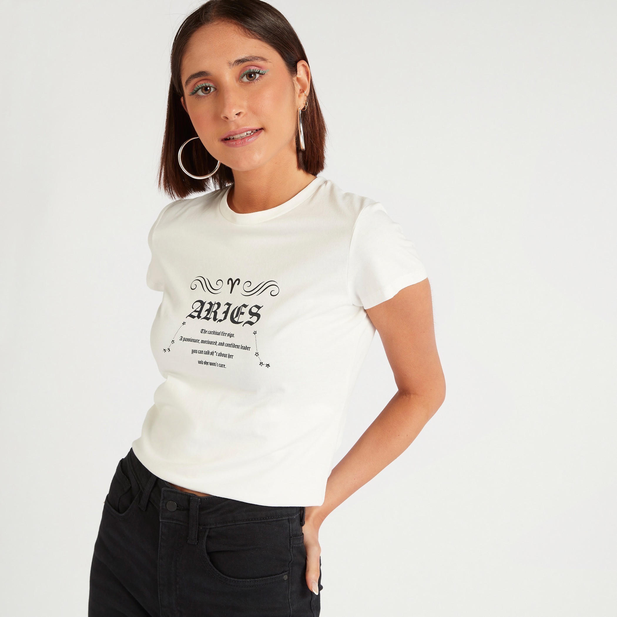 Zodiac Aries Print Crew Neck T-shirt with Cap Sleeves-women-clothing-tshirts-image-1