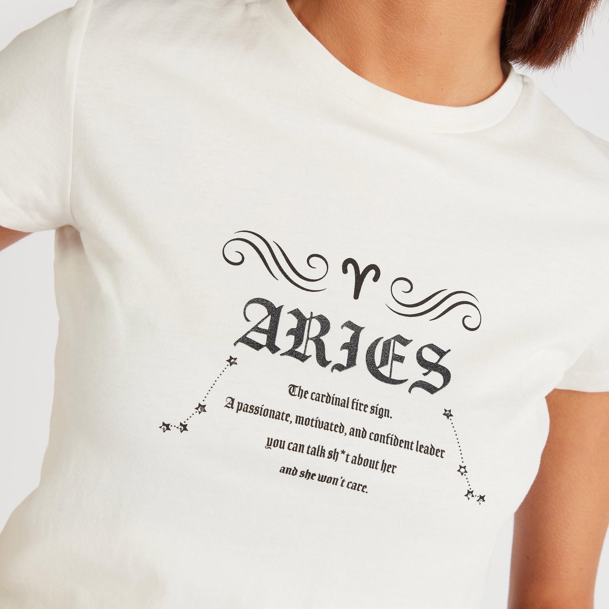 Zodiac Aries Print Crew Neck T-shirt with Cap Sleeves-women-clothing-tshirts-image-3