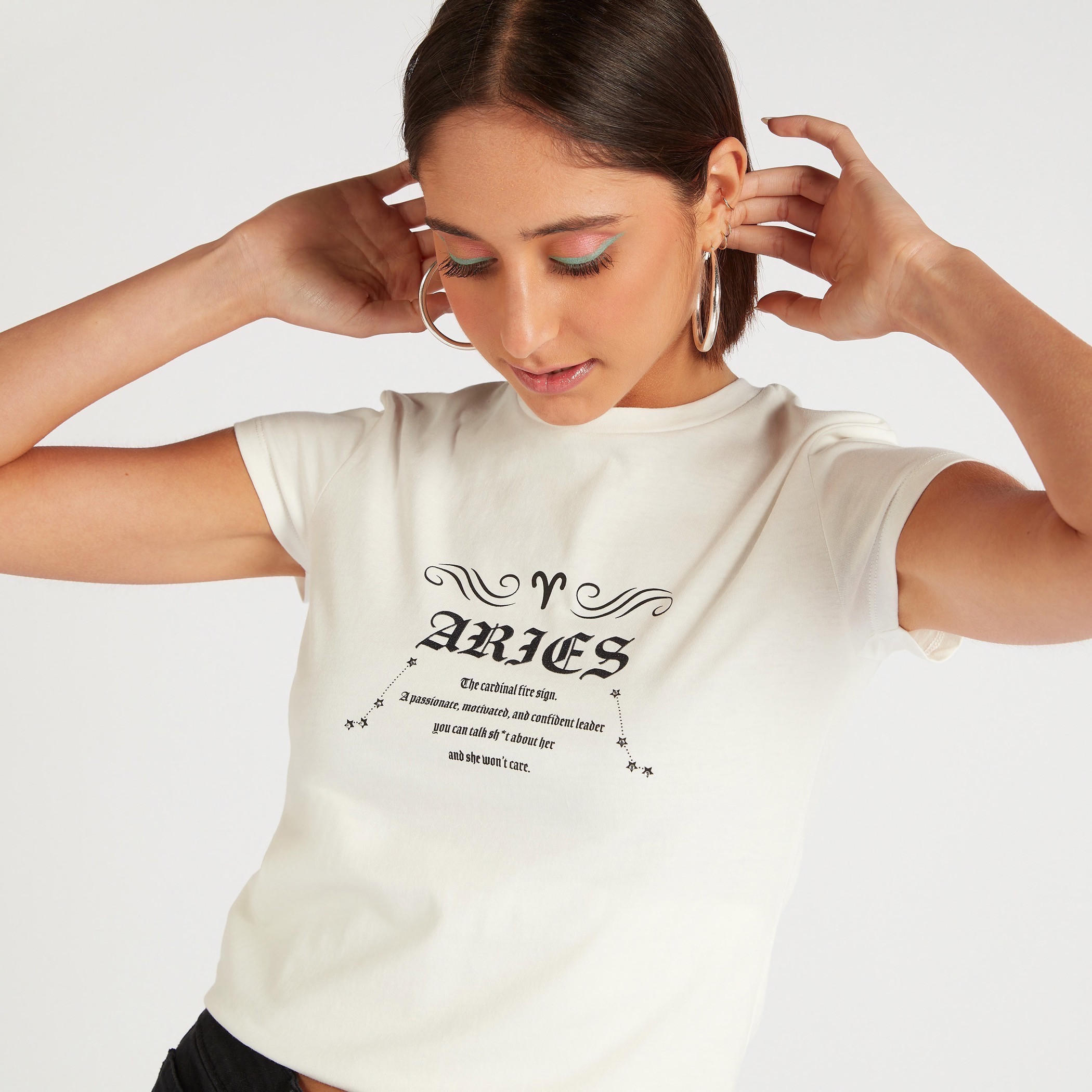 Zodiac Aries Print Crew Neck T-shirt with Cap Sleeves-women-clothing-tshirts-image-5