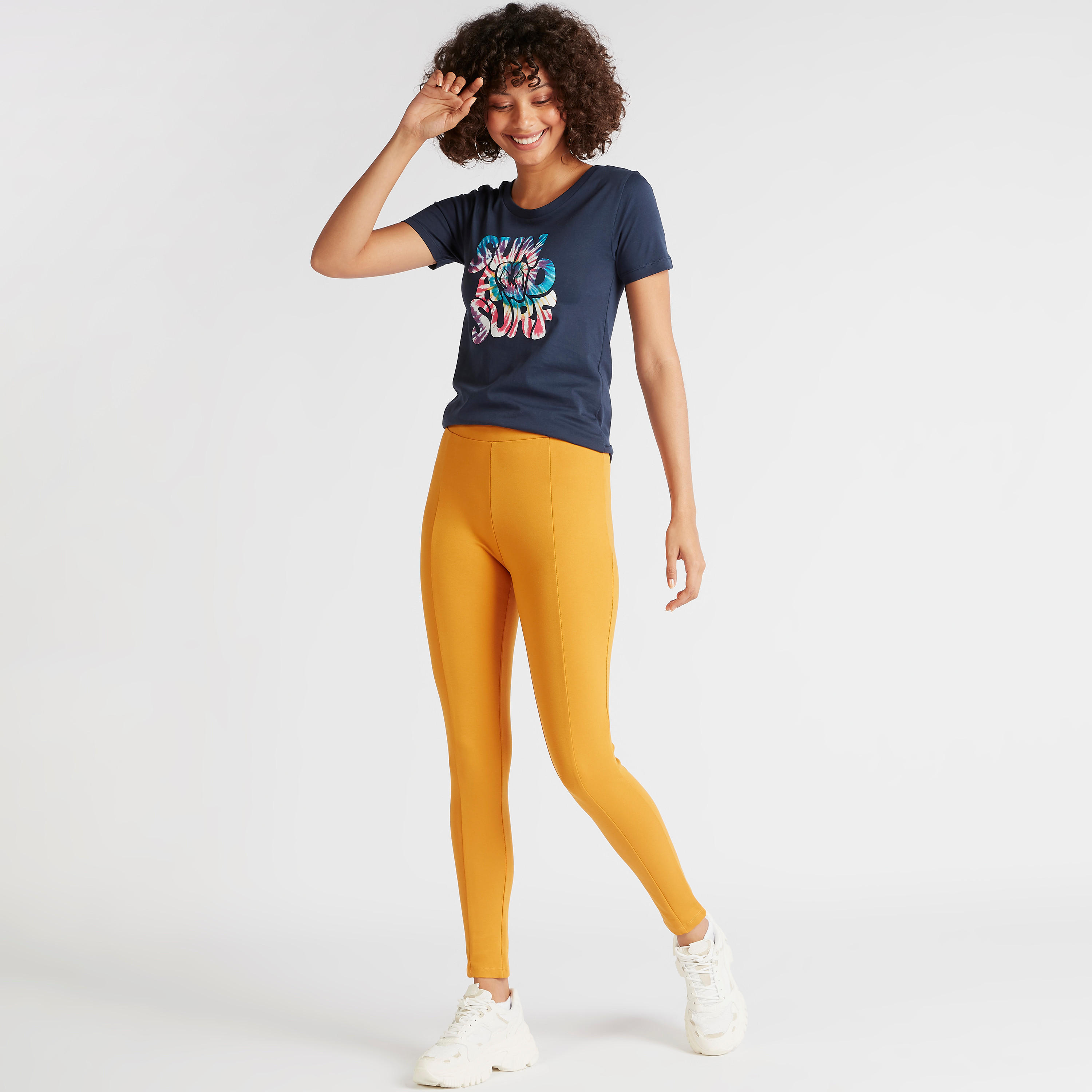 بنطلون ليقنز سادة بقصة سليم وخصر مرتفع مطّاطي-women-clothing-leggings-image-2