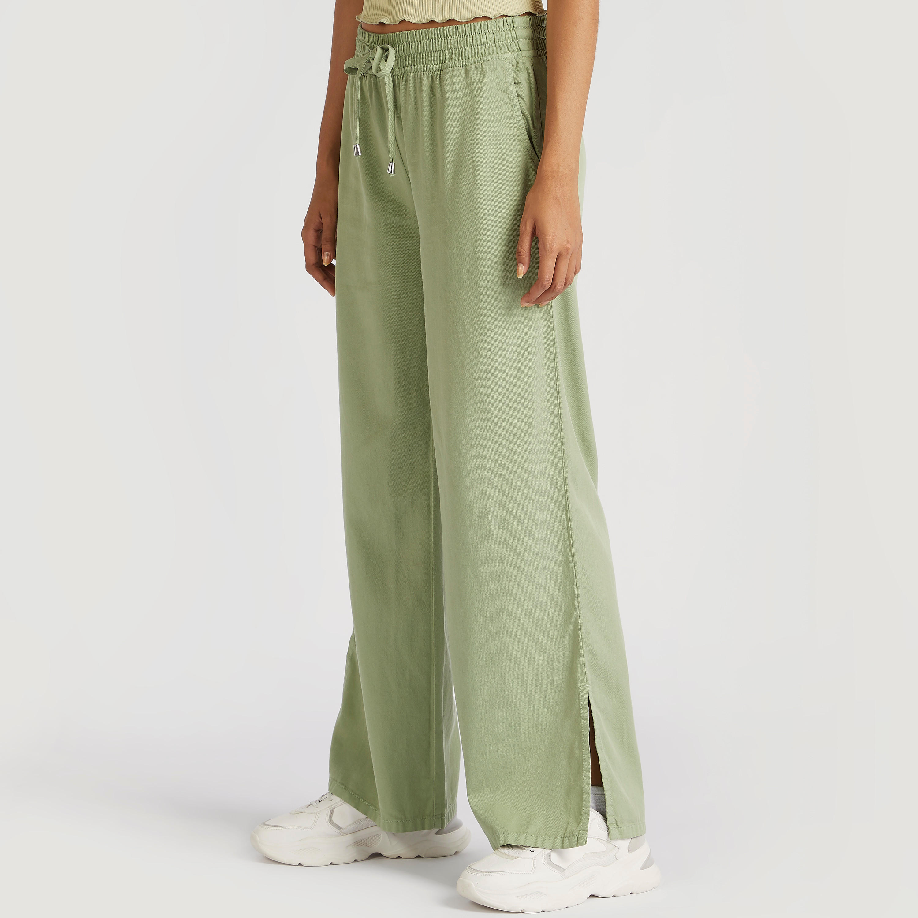 Solid Mid-Rise Pants with Drawstring Closure and Pockets-women-clothing-bottoms-trousers-image-1