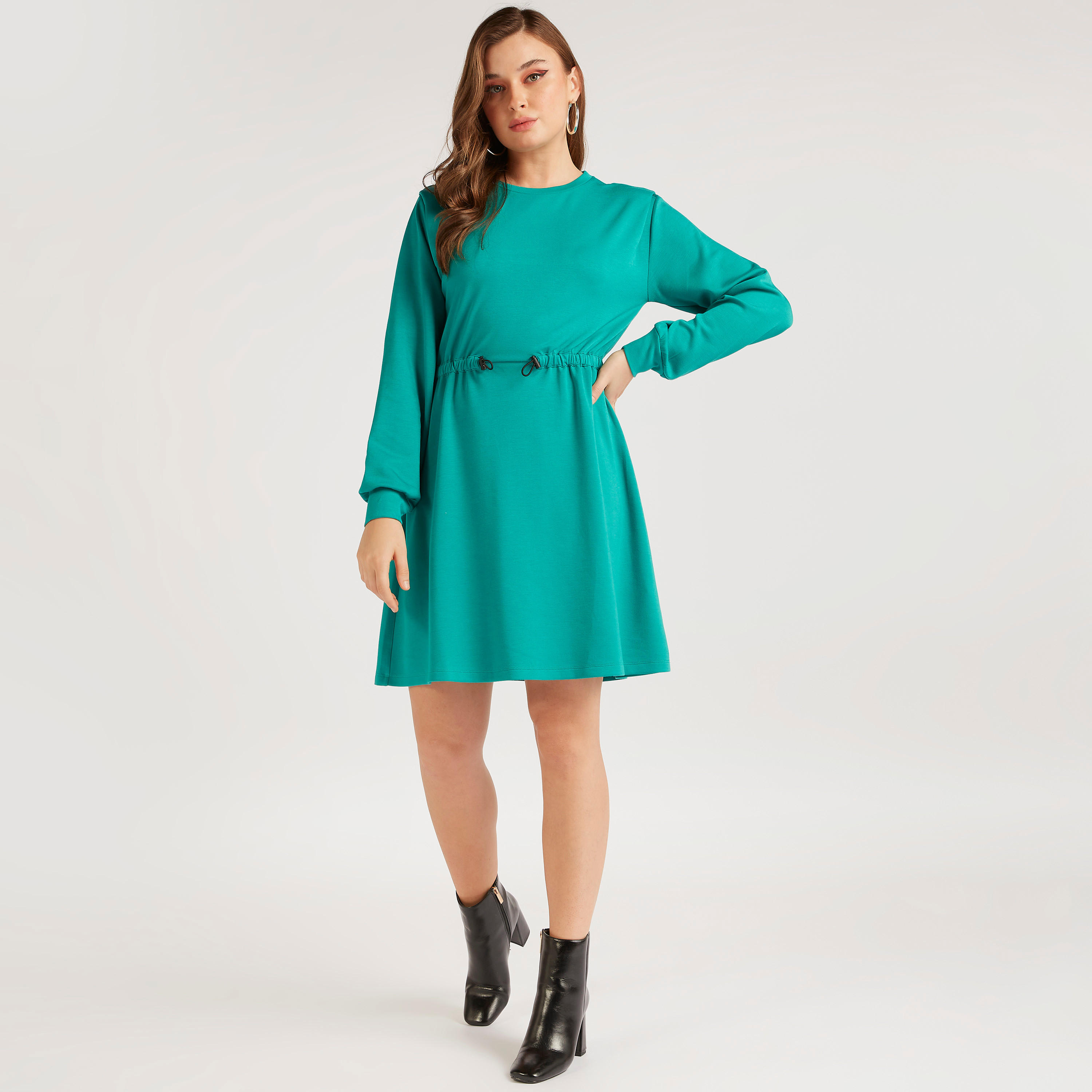 Solid Midi A-line Dress with Drawstring Detail and Long Sleeves-women-clothing-dresses-image-2