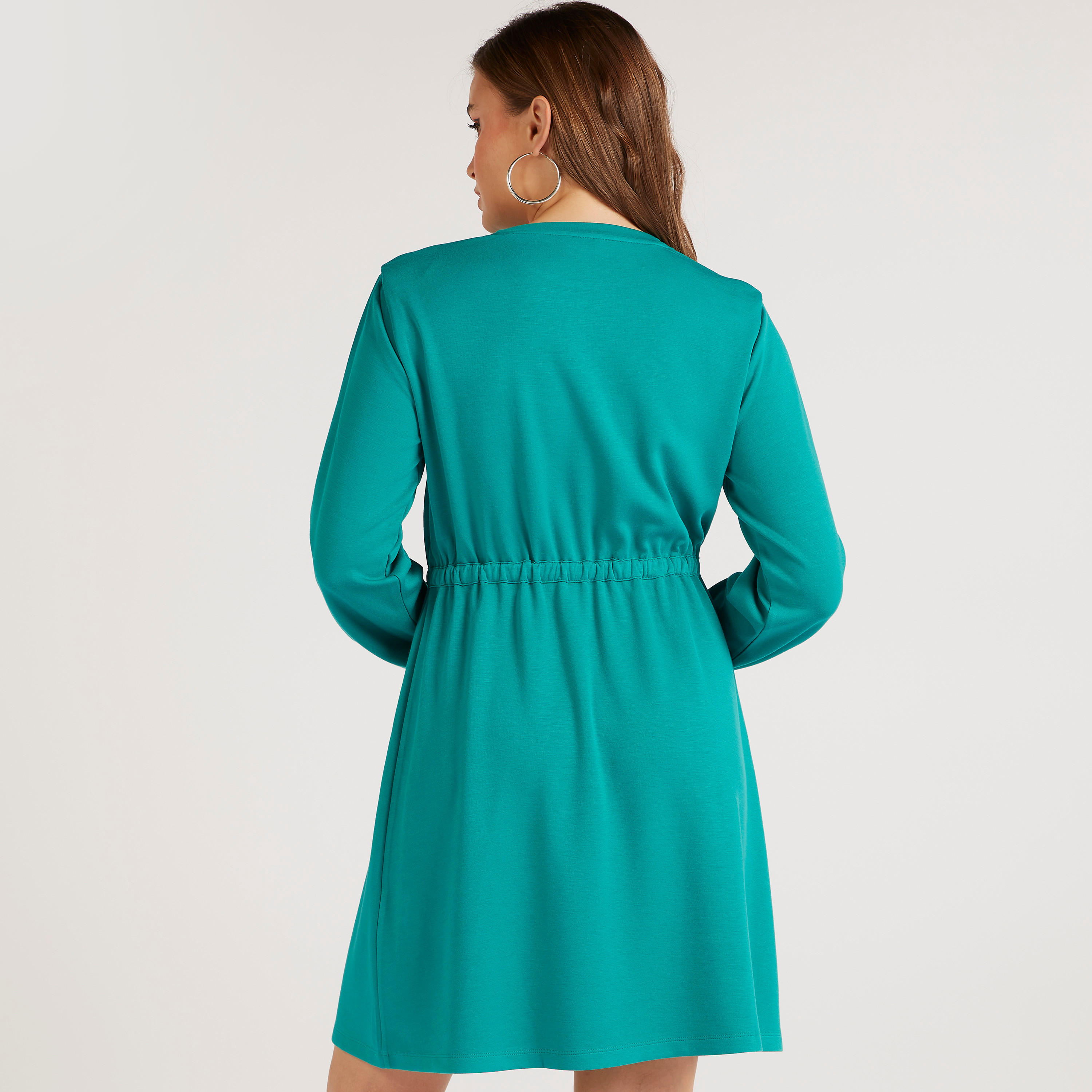 Solid Midi A-line Dress with Drawstring Detail and Long Sleeves-women-clothing-dresses-image-4