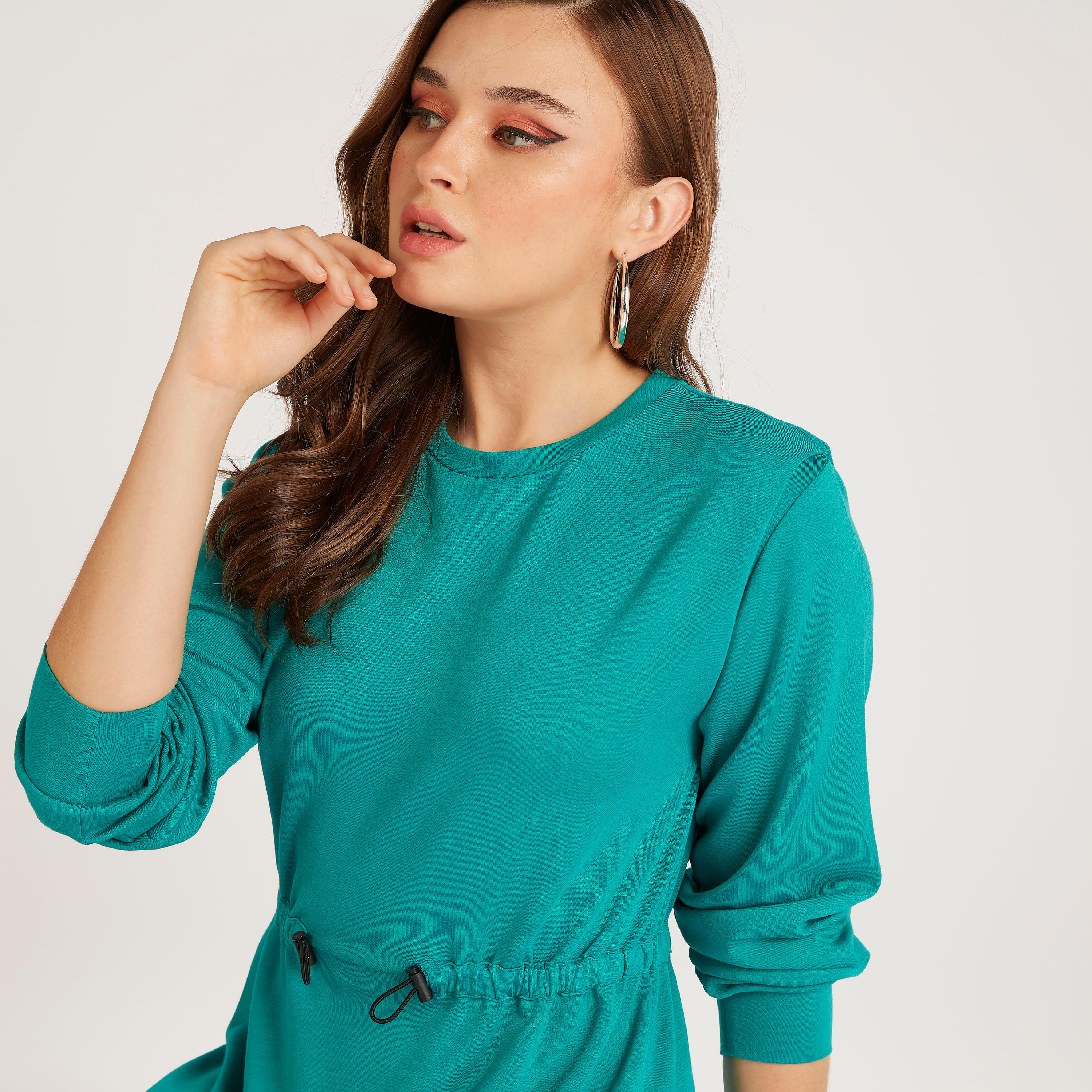 Solid Midi A-line Dress with Drawstring Detail and Long Sleeves-women-clothing-dresses-image-6