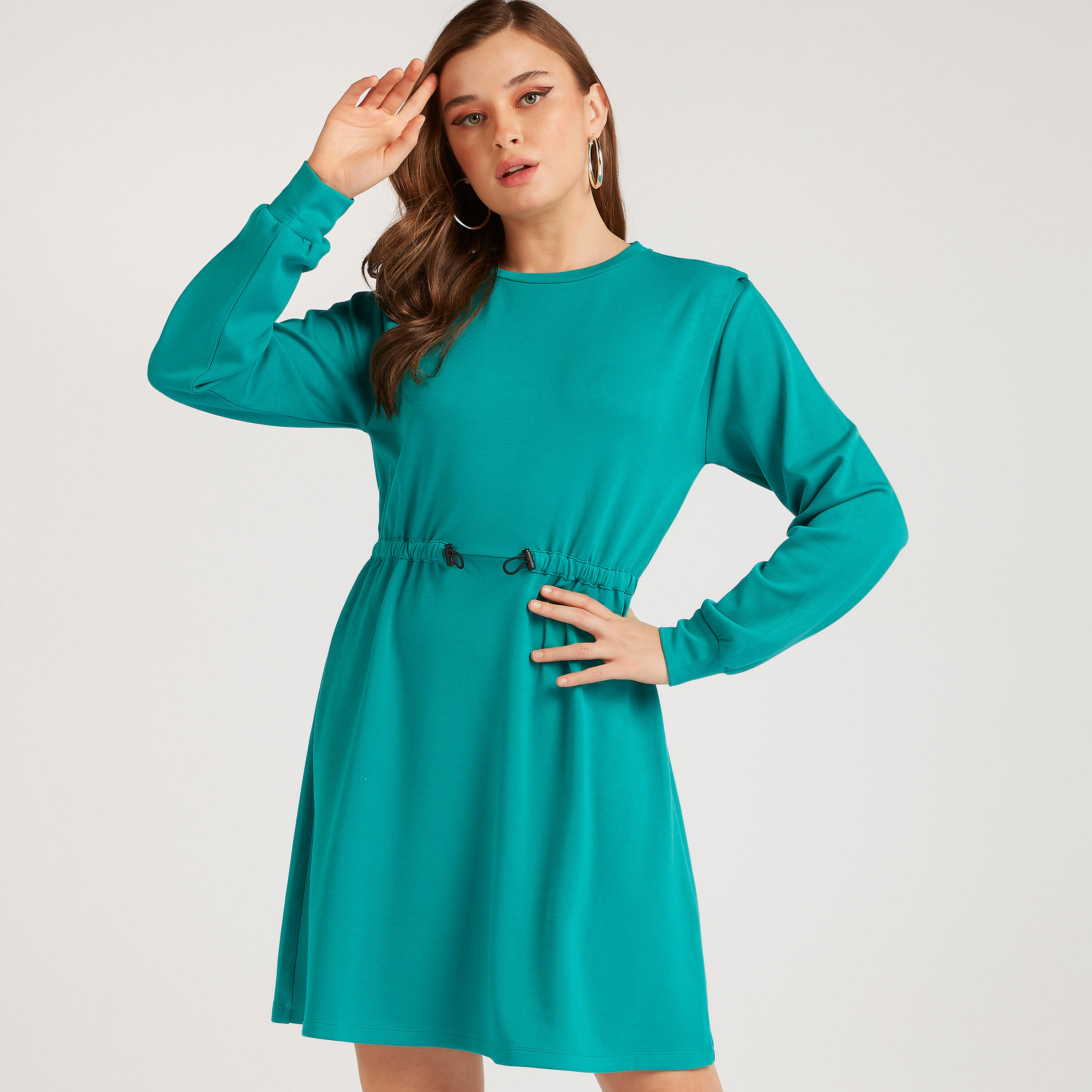 Solid Midi A-line Dress with Drawstring Detail and Long Sleeves-women-clothing-dresses-image-7