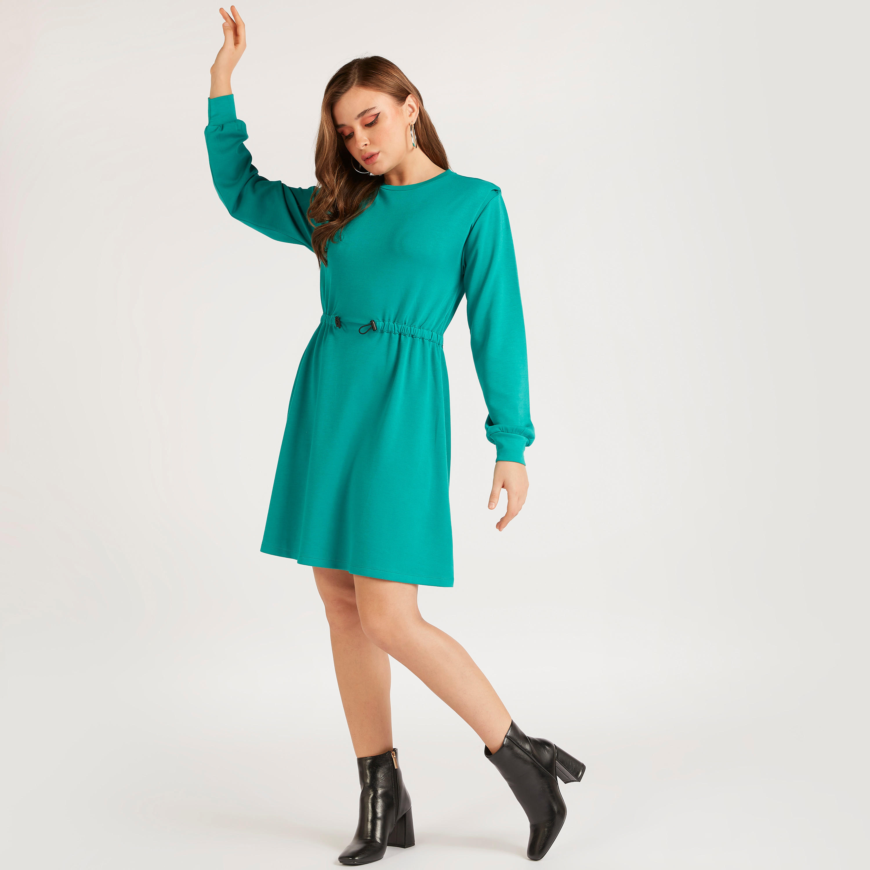 Solid Midi A-line Dress with Drawstring Detail and Long Sleeves-women-clothing-dresses-image-8
