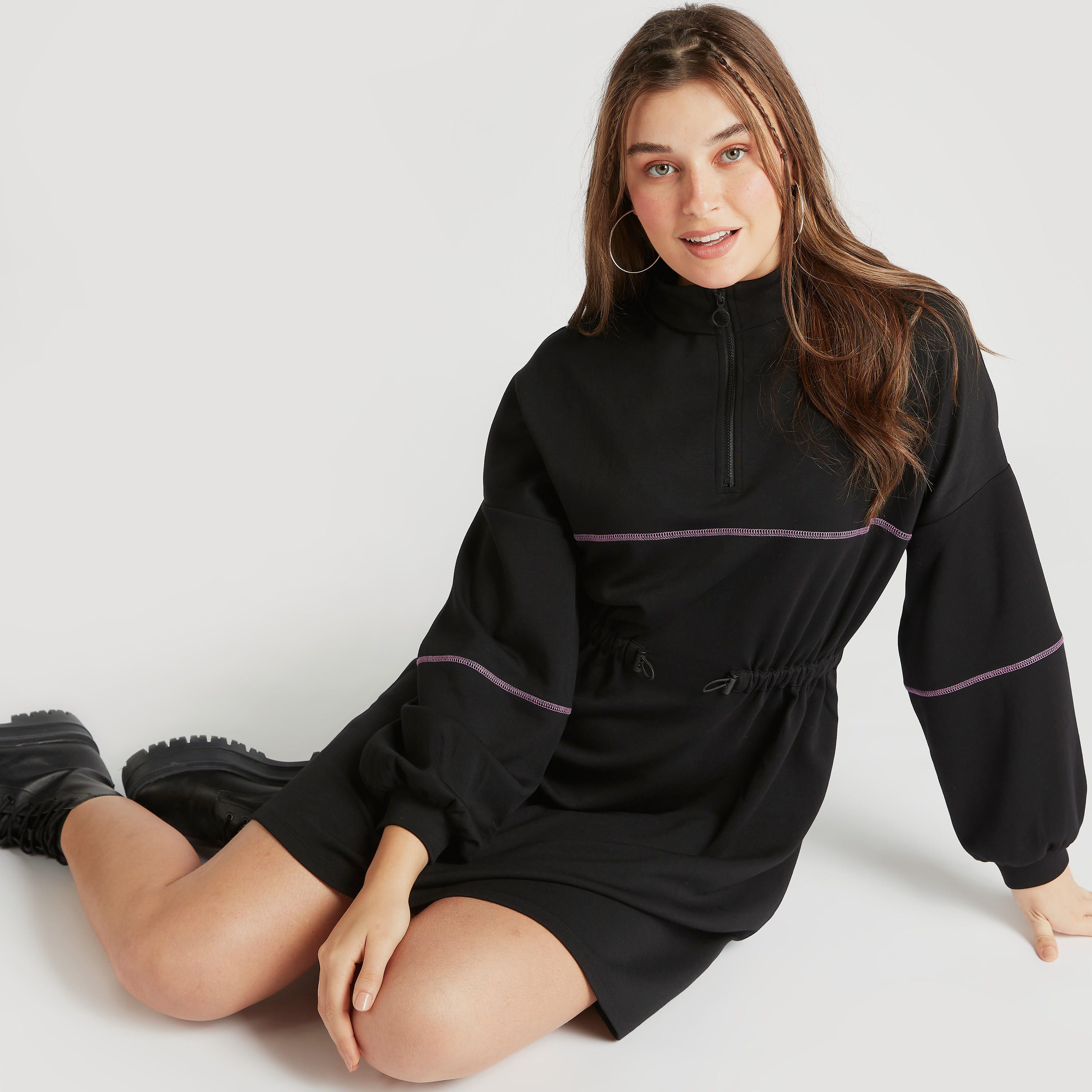 فستان منسدل قصير سادة بسحّاب إغلاق وتفاصيل رباط-women-clothing-dresses-image-7