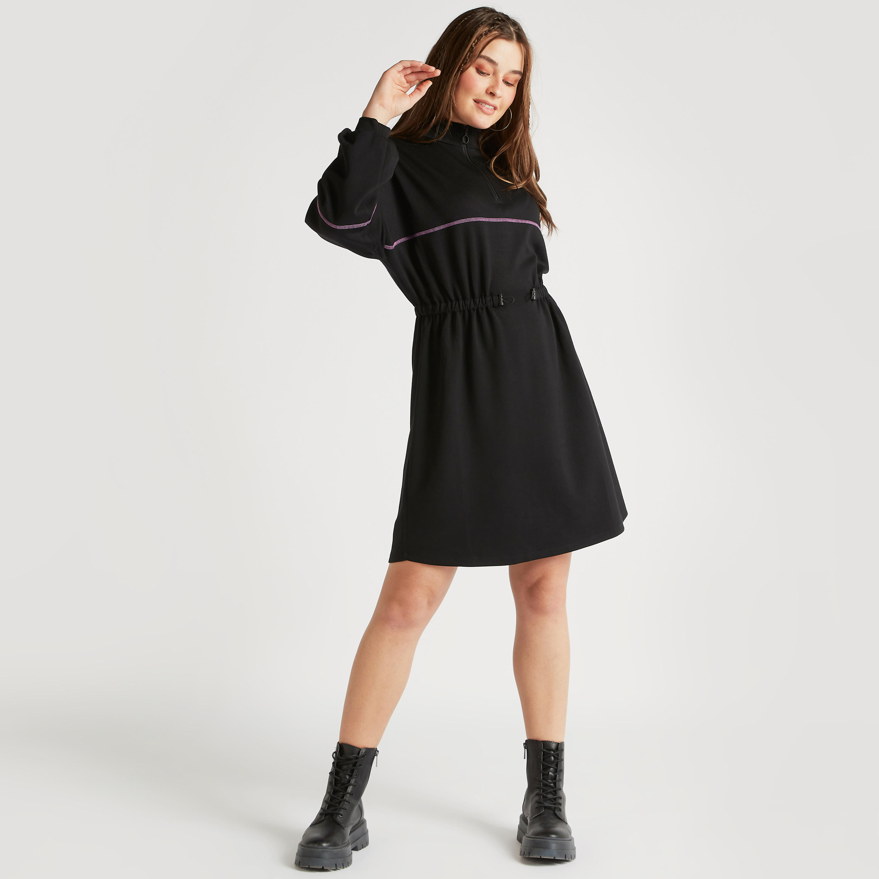 فستان منسدل قصير سادة بسحّاب إغلاق وتفاصيل رباط-women-clothing-dresses-image-6