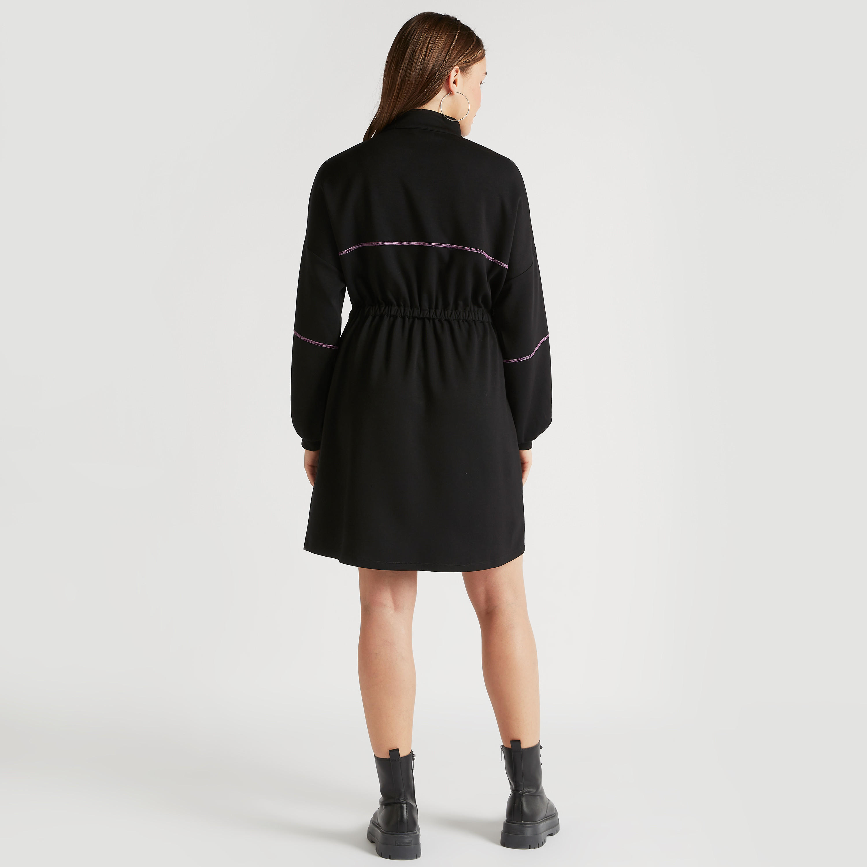 فستان منسدل قصير سادة بسحّاب إغلاق وتفاصيل رباط-women-clothing-dresses-image-4